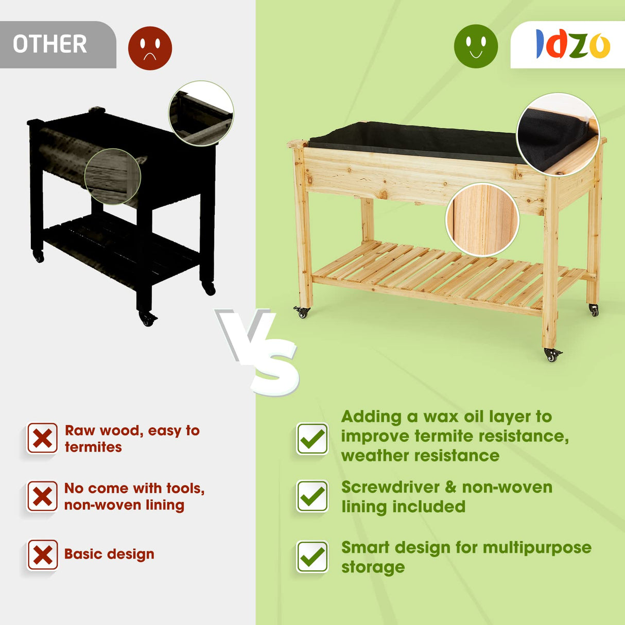 Idzo Raised Garden Bed with Legs, Durable Elevated Garden Box with Wax Oil Coated, 48x24x32in Wood Planter with Big Planter Box Load Up to 260 Pounds, Ergonomic Height for Convenient Plants Care IDZO