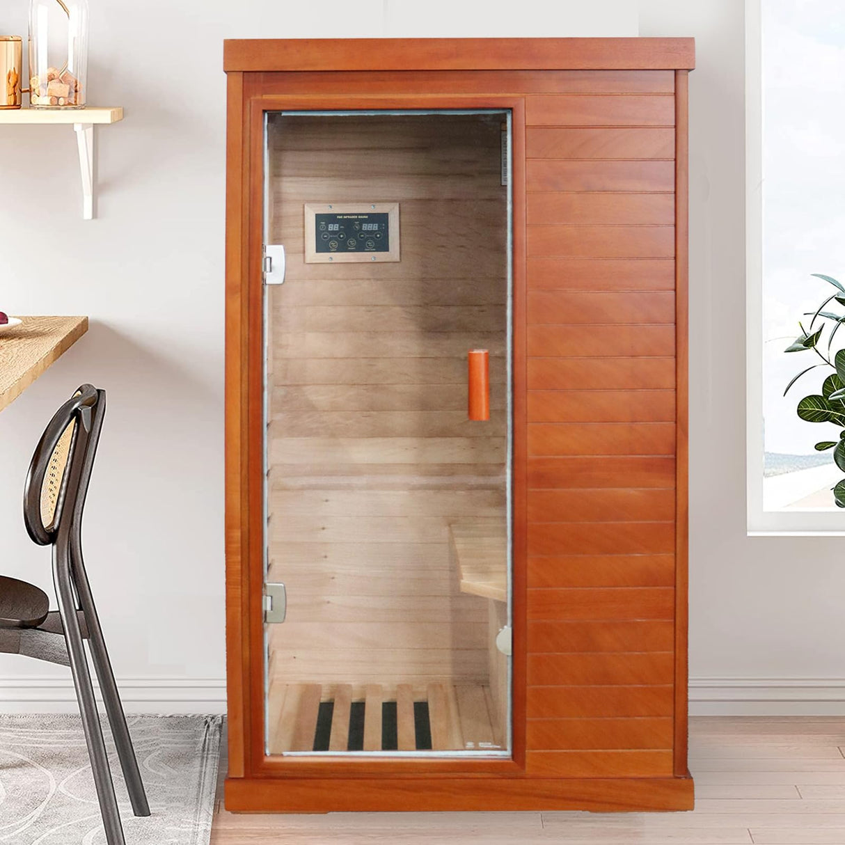 HAOYAYA Infrared Sauna Room with 5 Heating Plates 800W Low-EMF Dry Saunas African Okoume Wood 1-Person Sauna Infrared Room: 35.24 * 27.56 * 61.61 inches. HAOYAYA