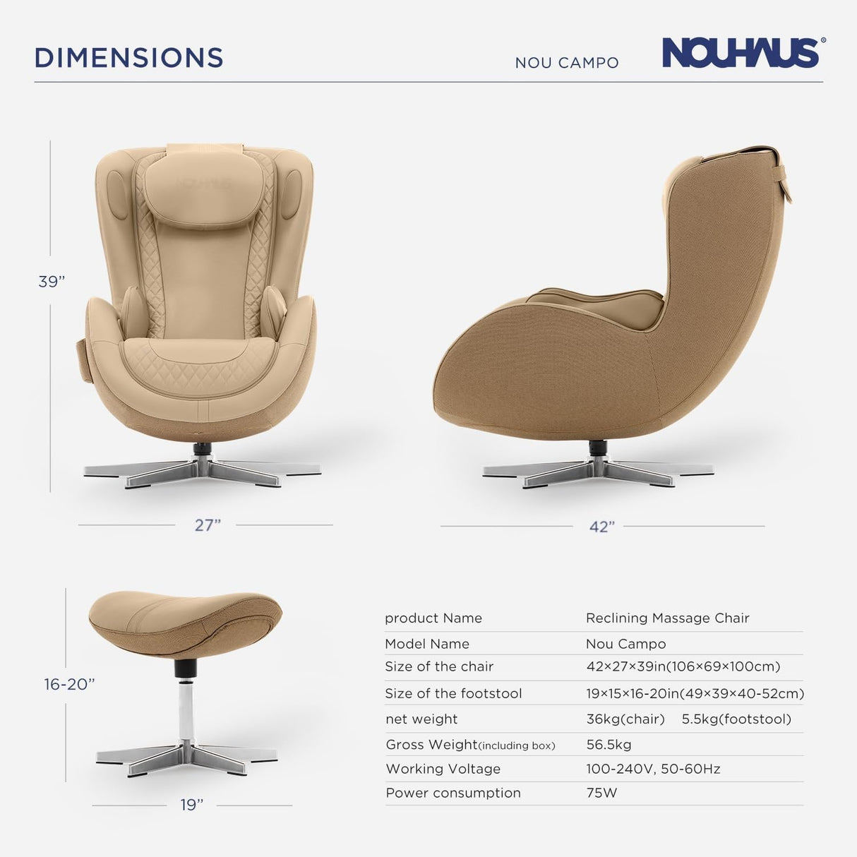 Nouhaus NOU Campo Heated Massage Chair,Full Body Massaging Zero-Gravity Leisure Recliner with Low-Noise 3D Massage and Dual Sound Systems Modern Massage Chairs (Mellow Sand) Nouhaus