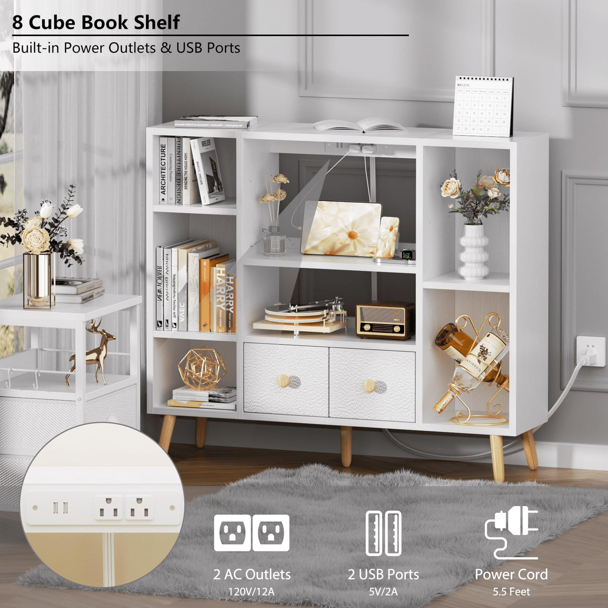 Furologee White Cube Shelf with 2 Drawers, 42inch Triple Wide Bookshelf with Power Outlets and LED Lights, 4-Tier Wood Bookcase Freestanding with Legs, Large 8 Cube Organizer for Bedroom, Living Room Furologee