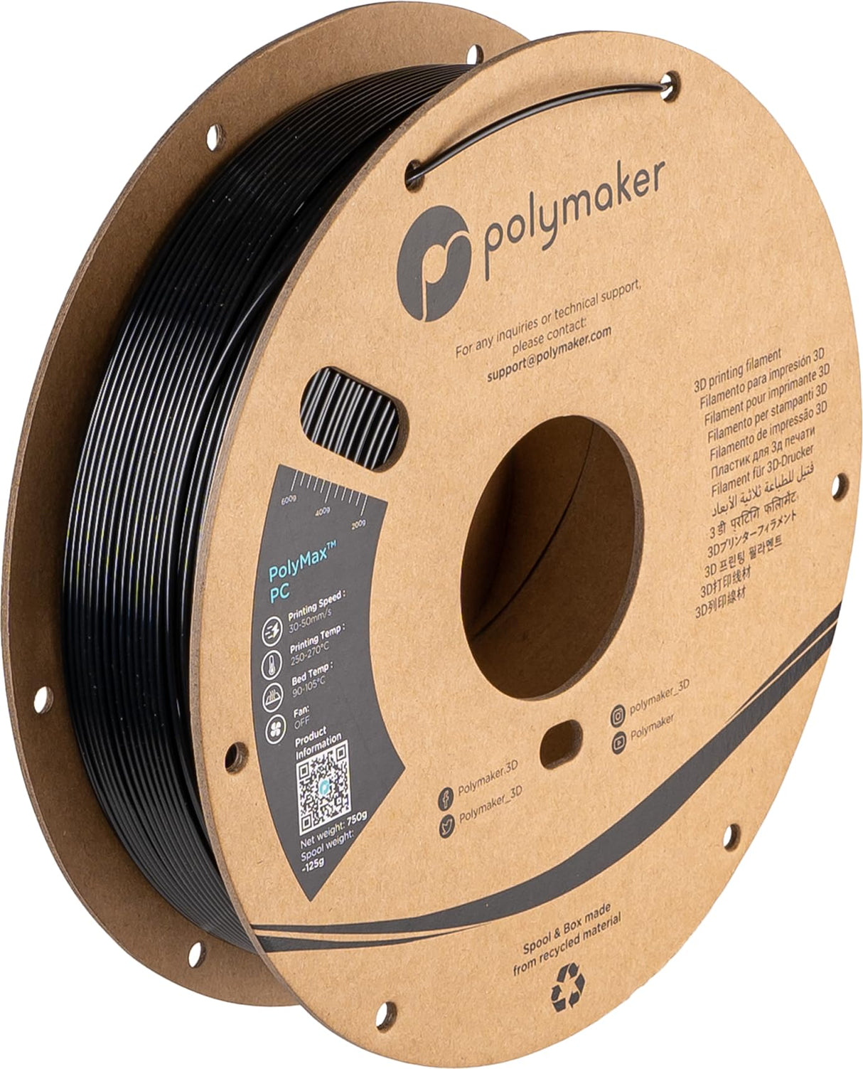 Polymaker Polymax Tough PC Filament 1.75mm, Black Polycarbonate Filament 1.75mm 0.75kg Cardboard Spool - PC Filament 3D Printer Polycarbonate Filament PC, Tough & High Heat Resistant POLYMAKER