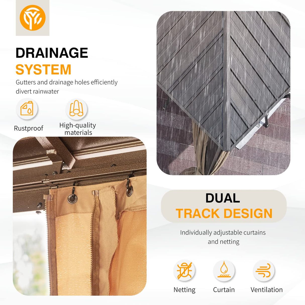 YOLENY 10' X 13' Hardtop Gazebo Galvanized Steel Outdoor Patio Gazebo Canopy Double Roof Pergolas Aluminum Frame with Netting and Curtains for Garden, Patio, Lawns, Parties YOLENY