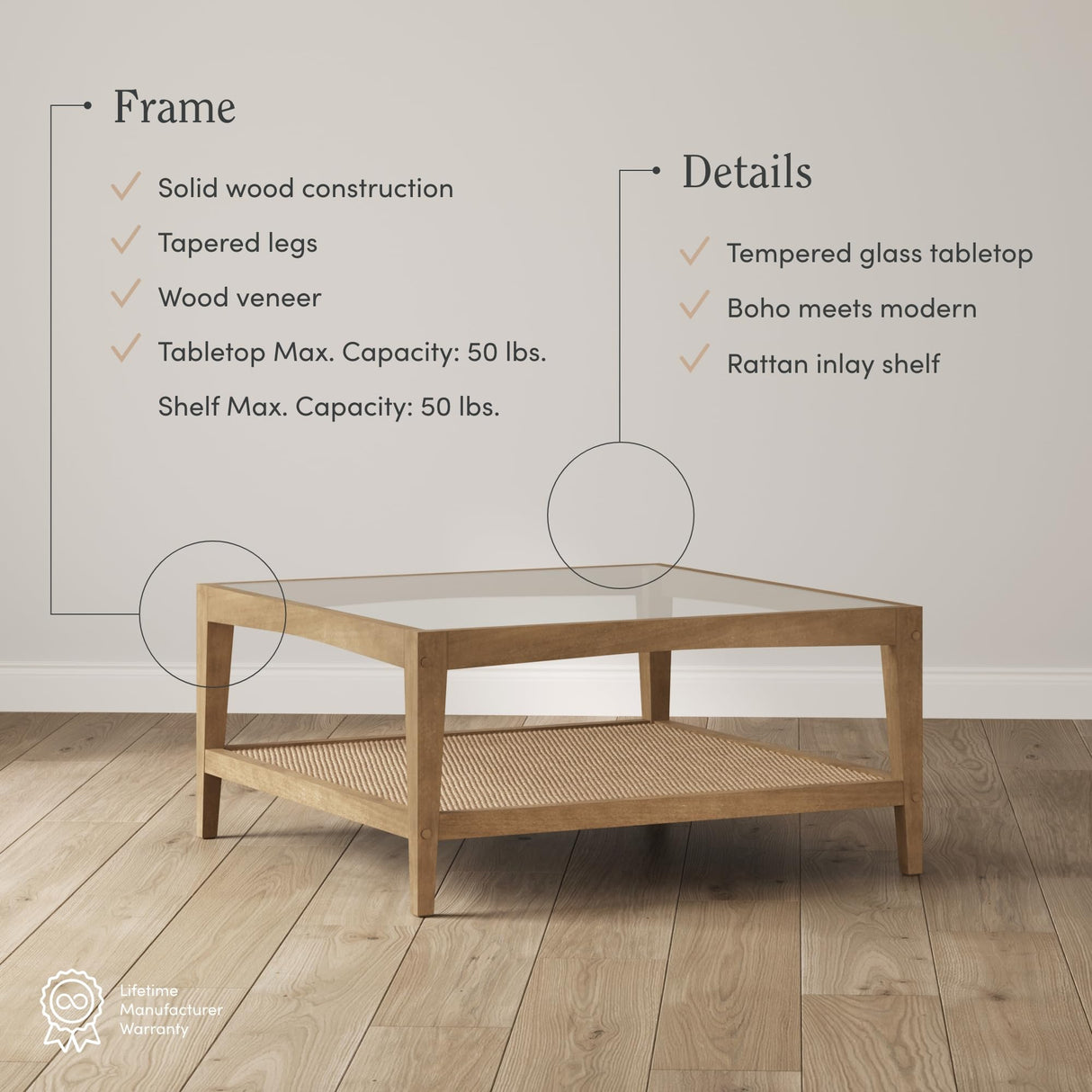 Nathan James Hayes Glass Top Coffee Table, Solid Wood Coffee Table with Glass Top and Rattan Bottom Shelf, Light Brown Nathan James