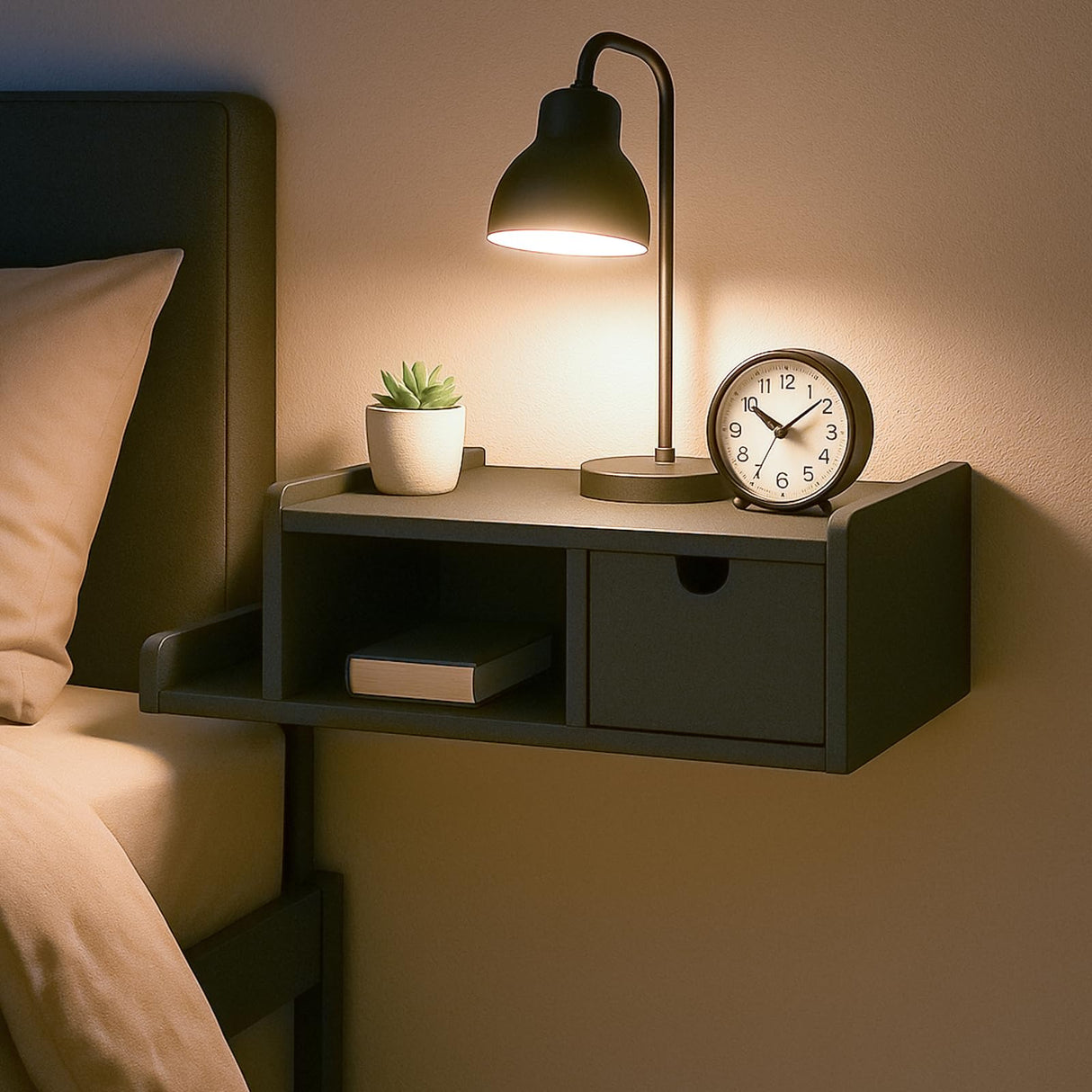 DongRong Floating Nightstand with Drawer & Shelf,Wall Mounted Bedside Table for Small Bedrooms,Modern Black End Table with Space Saving Design DongRong