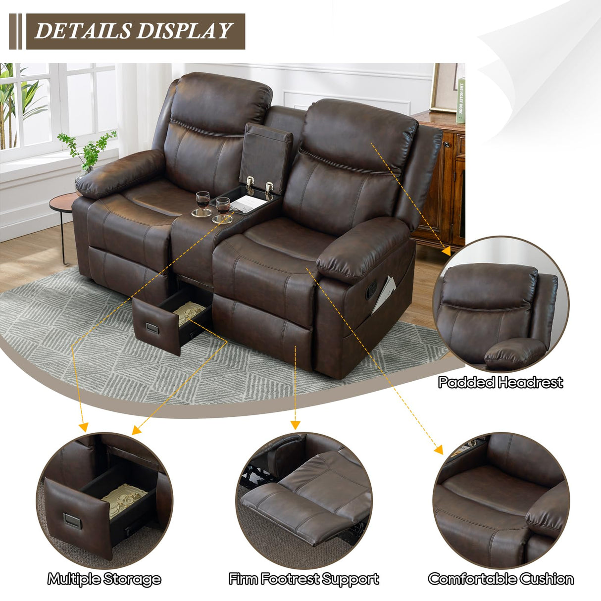 B BAIJIAWEI Loveseat Recliner, Reclining Sofa with Console, Double Reclining Couch, 2 Seater Manual Massage Couch for Living Room, Office, Home Theater(PU-Brown) B BAIJIAWEI