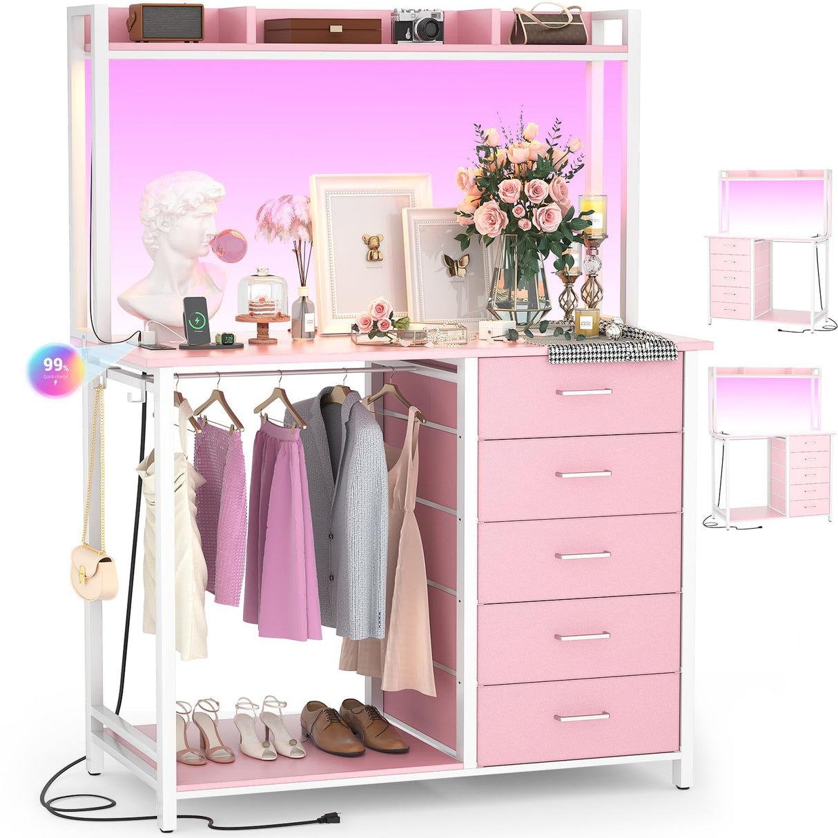 Cyclysio Dresser for Bedroom with Hutch & Clothes Rack, 70'' Tall 5 Drawers Dresser with Shelves, Pink Dressers Closet with Charging Station & LED Lights, Bedroom, Pink Cyclysio