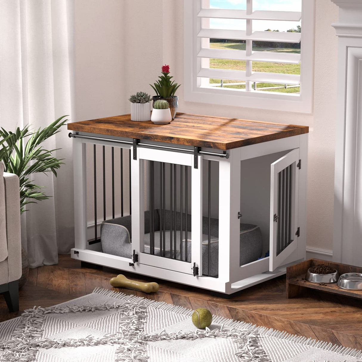 Zakkart Dog Crate Furniture for Large Dogs Up to 60 lbs. - Barn Door Puppy Kennel w/Thickened Farmhouse Top & Metal Bars - 37'' Wide - White Decorative Modern Dog Crate Table, End Table, Nightstand Zakkart