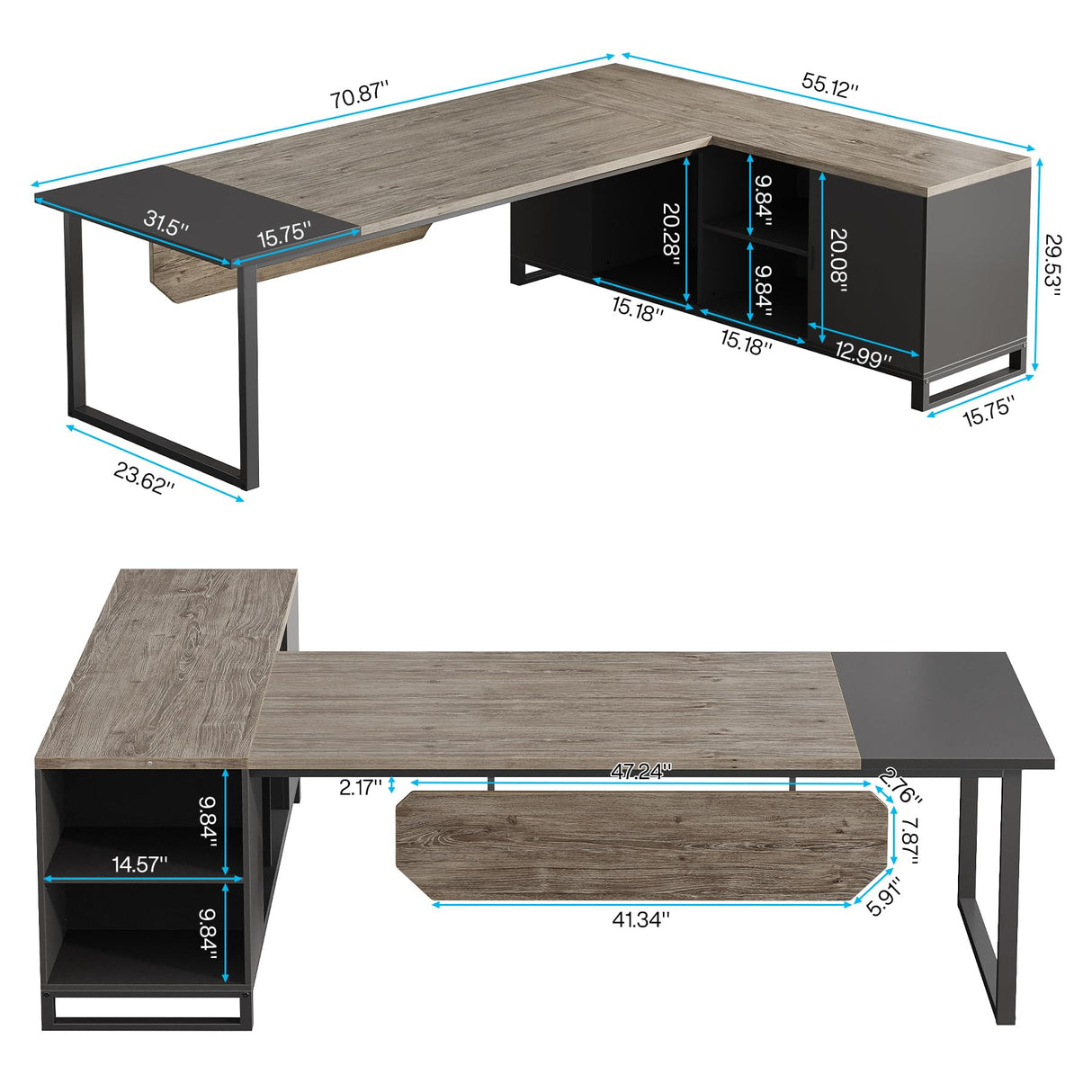 Tribesigns 70.8-Inch Executive Desk with 55-Inch File Cabinet, Large L Shaped Computer Desk with Storage Cabinet and Shelves, Industrial L-Shaped Desk for Home Office, Retro Gray & Black Tribesigns