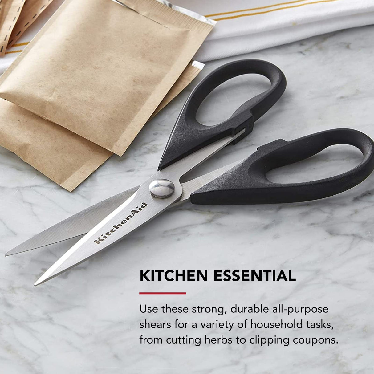 KitchenAid All Purpose Kitchen Shears with Protective Sheath Durable Stainless Steel Scissors, Dishwasher Safe, Soft Grip Comfort Handle, 8.72 Inch, Black KitchenAid