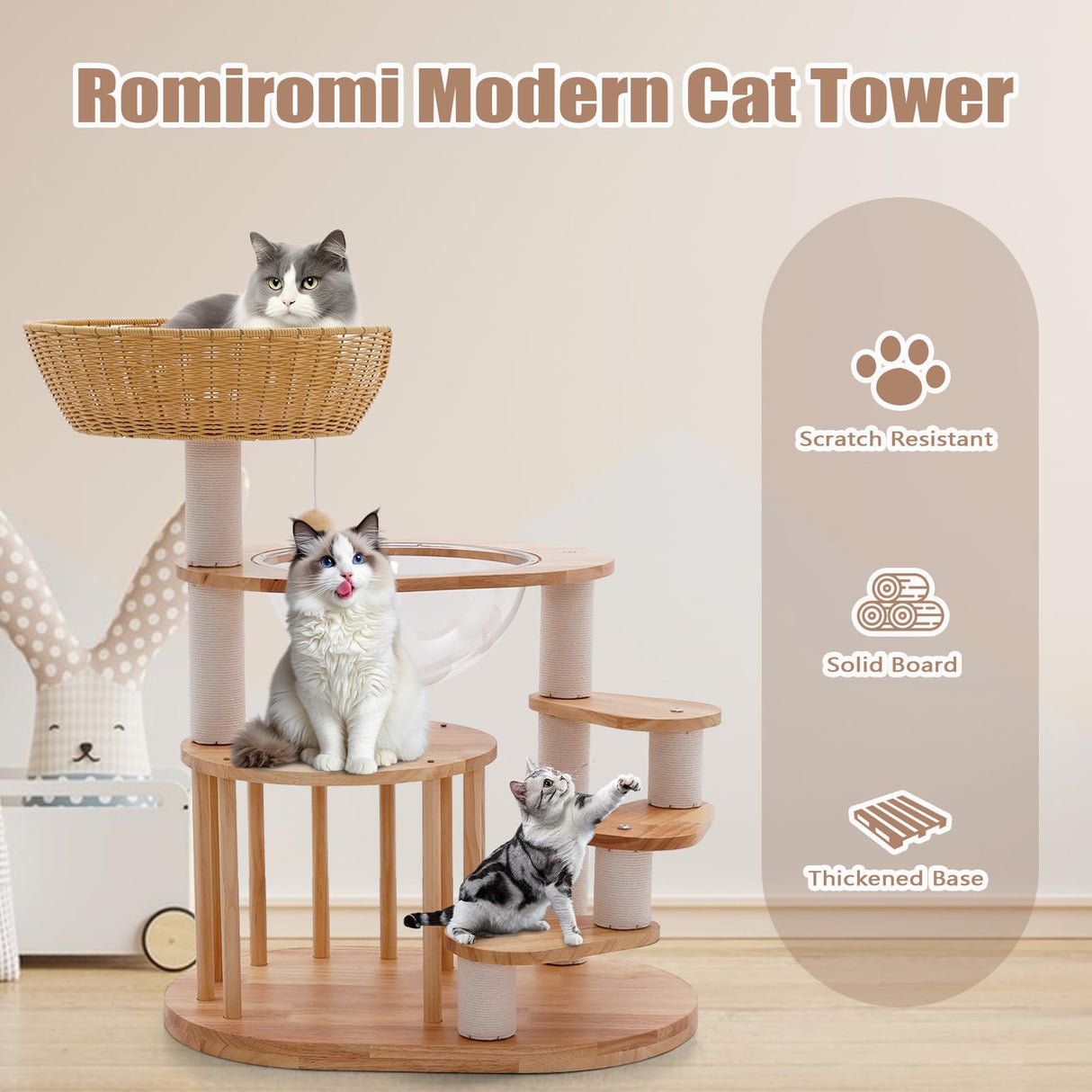 Romiromi Wooden Cat Tower 31",Wooden Cat Tree Heavy Duty Sisal-Covered Scratching Posts for Multi-Layer Cat Tree, Space Capsule Bed Easy to Assemble Romiromi
