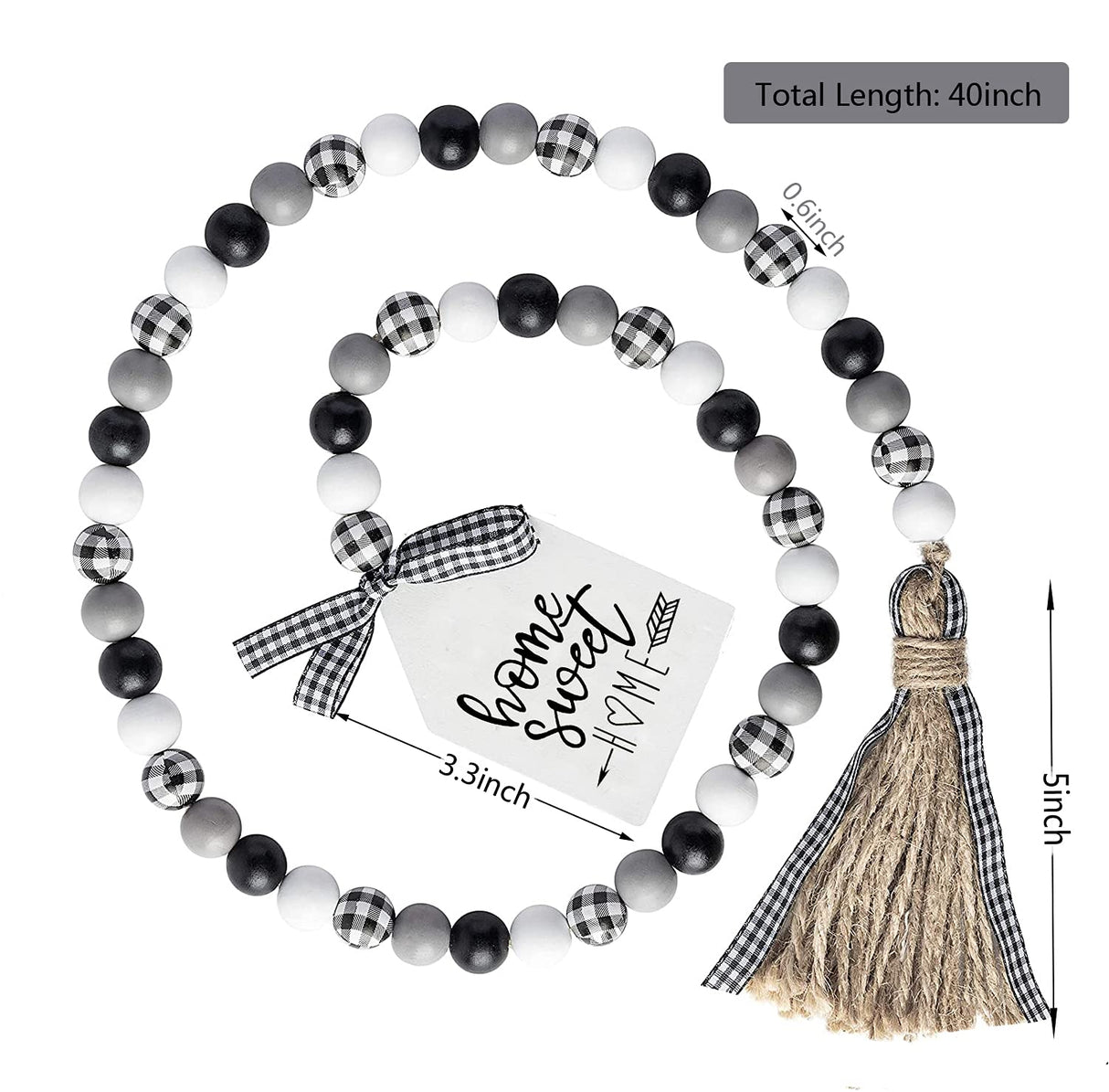 Farmhouse Plaid Wood Bead Garland with Tassel 40inch Hanging Decor Home Decorative Home Sign for Farmhouse Tiered Tray Wreath Elifel