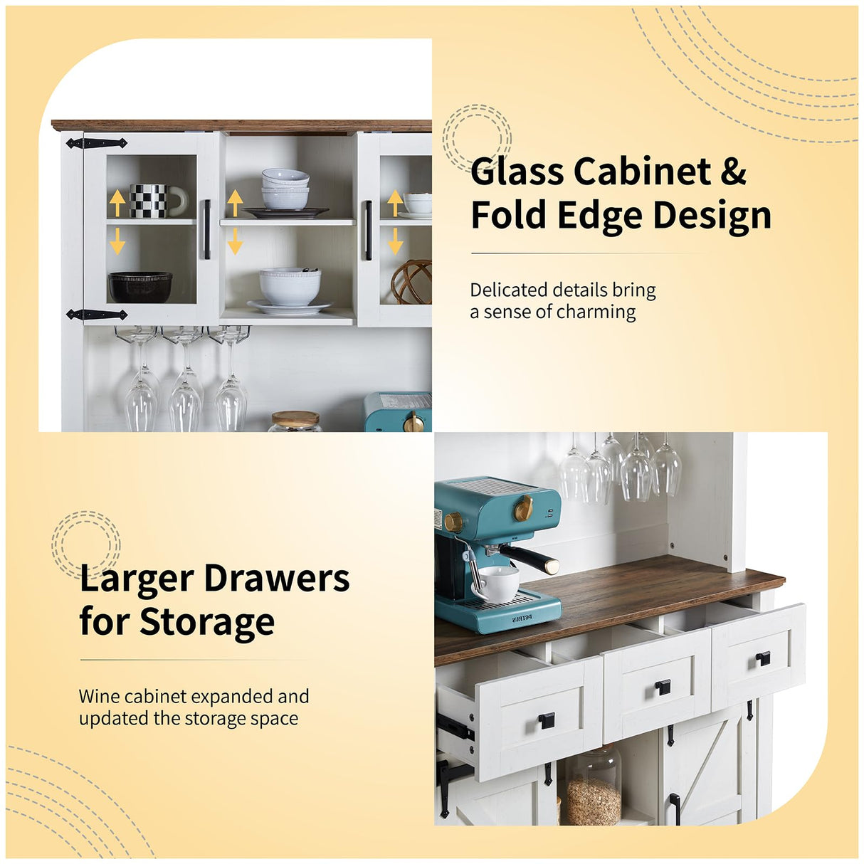 LUXOAK 72" Coffee Bar Wine Cabinet with Sliding Barn Door & LED Lights, Sideboard Buffet Cabinet with Wine Bottle Rack, 3 Drawers, Storage Cabinet for Kitchen, Dining Room, White LUXOAK