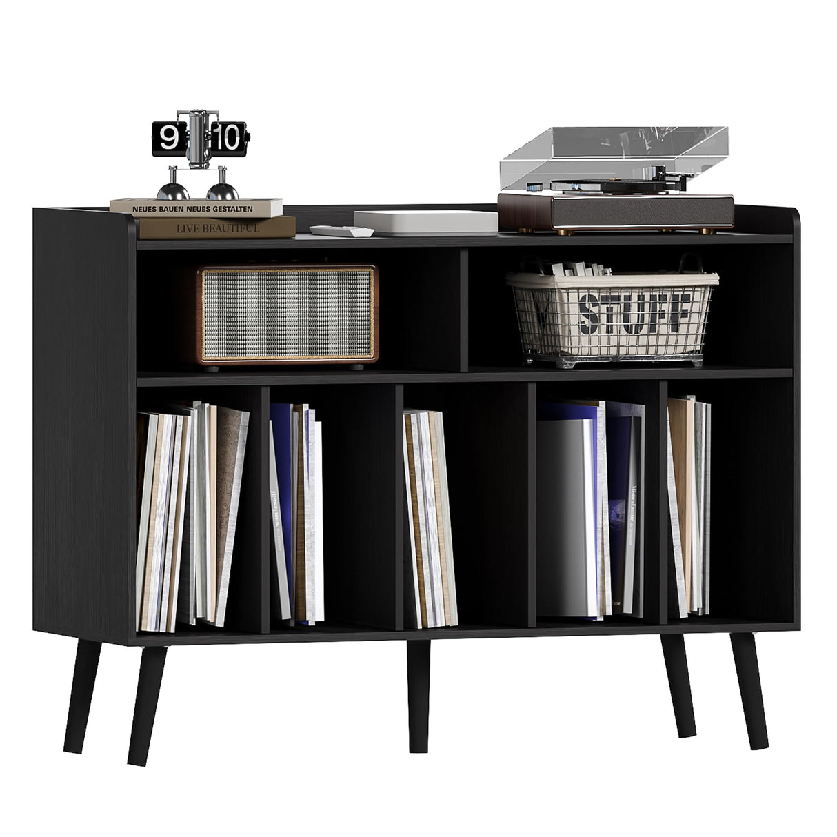 ChooChoo Record Player Stand, Turntable Stand with Vinyl Storage, Record Player Cabinet Up to 350 Albums, Cube Storage Organizer for Living Room, Black ChooChoo
