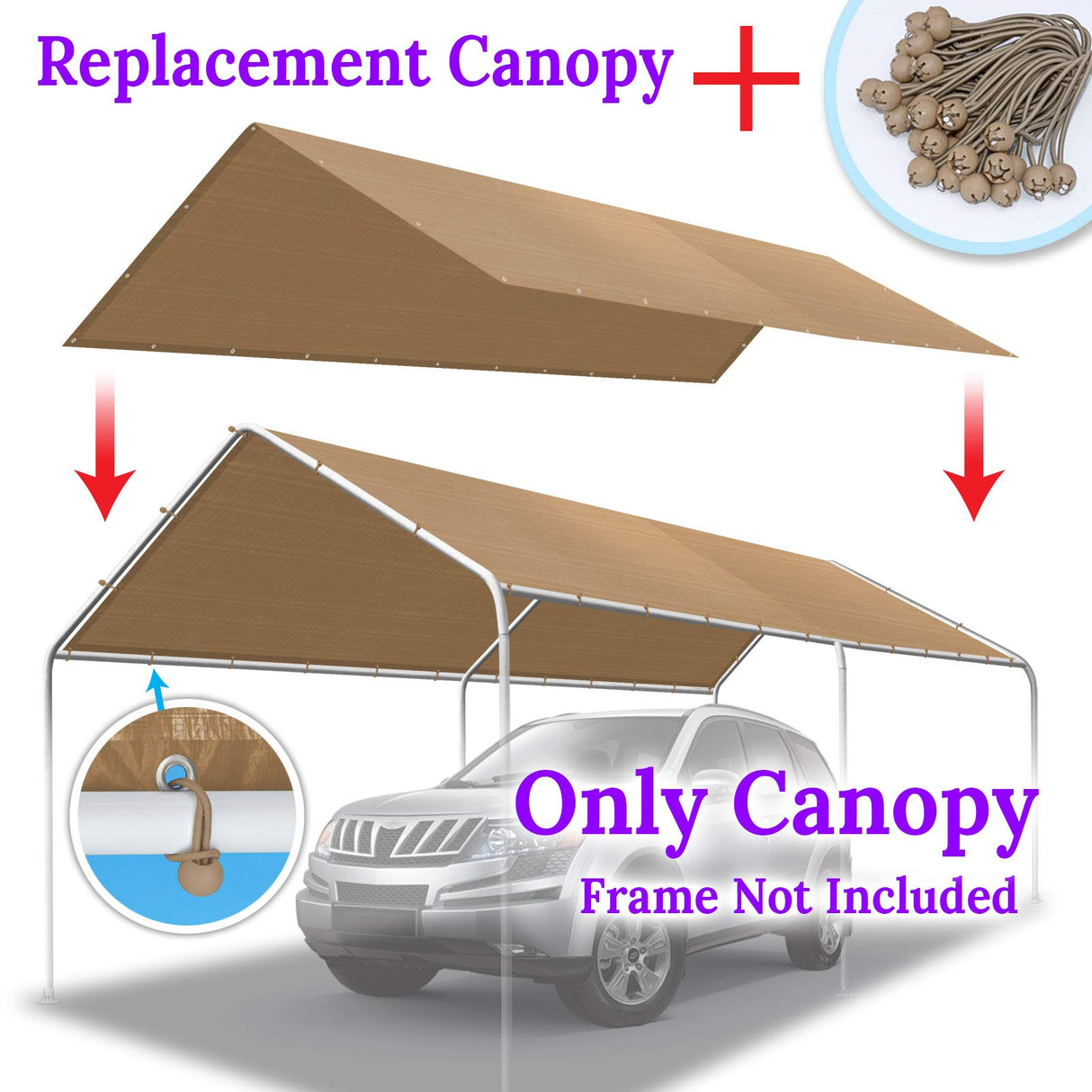 BenefitUSA 10'X20' Carport Canopy Replacement Carport Top Cover for Garage Shelter, w/Ball Bungees, Cover ONLY (Tan) BenefitUSA