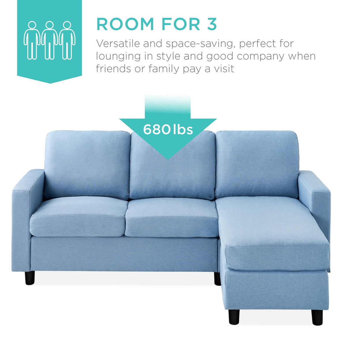 Best Choice Products Upholstered Sectional Sofa for Home, Apartment, Dorm, Bonus Room, Compact Spaces w/Chaise Lounge, 3-Seat, L-Shape Design, Reversible Ottoman Bench, 680lb Capacity - Light Blue Best Choice Products