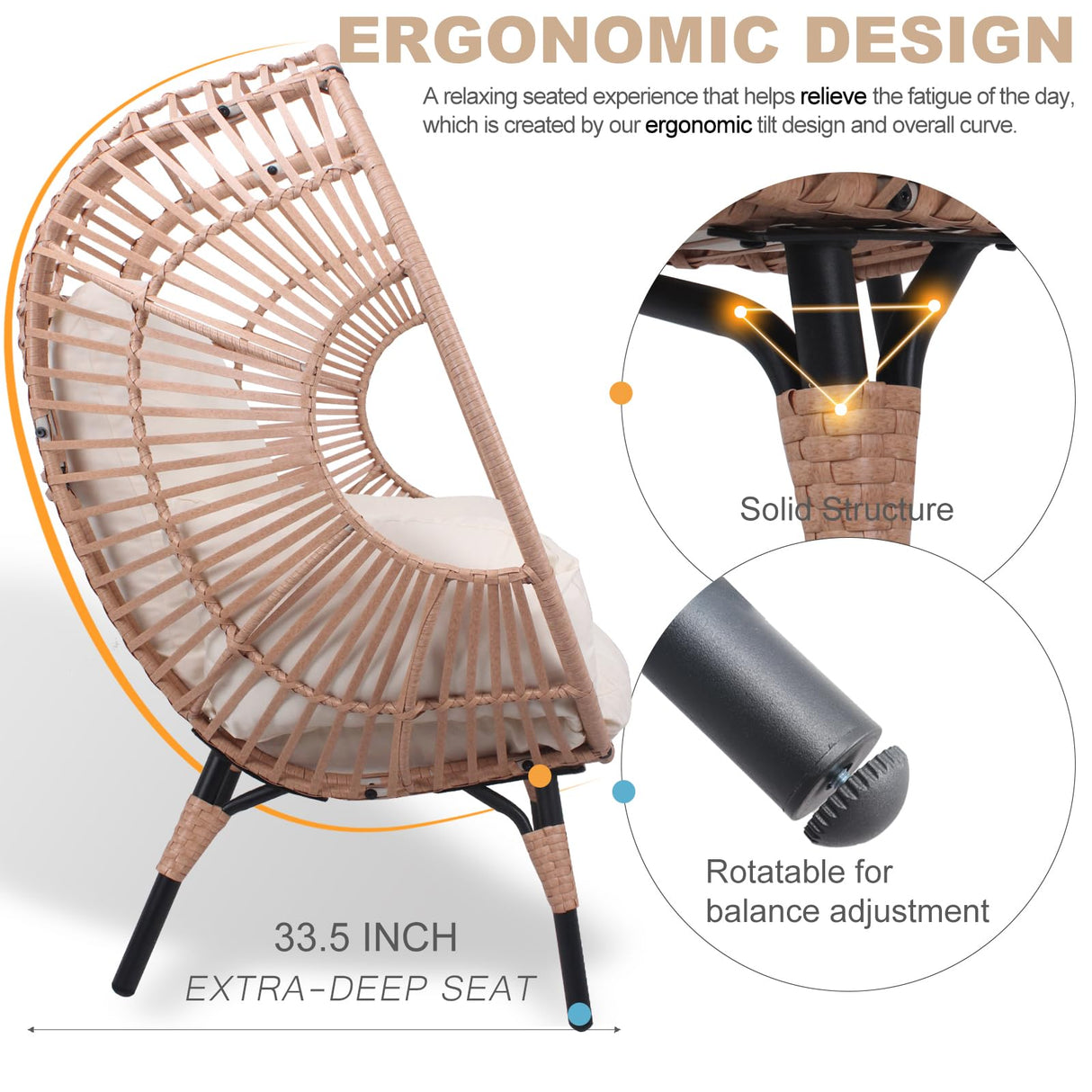 CHINNLUU Outdoor Egg Chair Wicker Oversized Egg Basket Chair with Stand Lounger Chairs with Cushion 500lbs Capacity for Patio Garden Backyard Balcony CHINNLUU