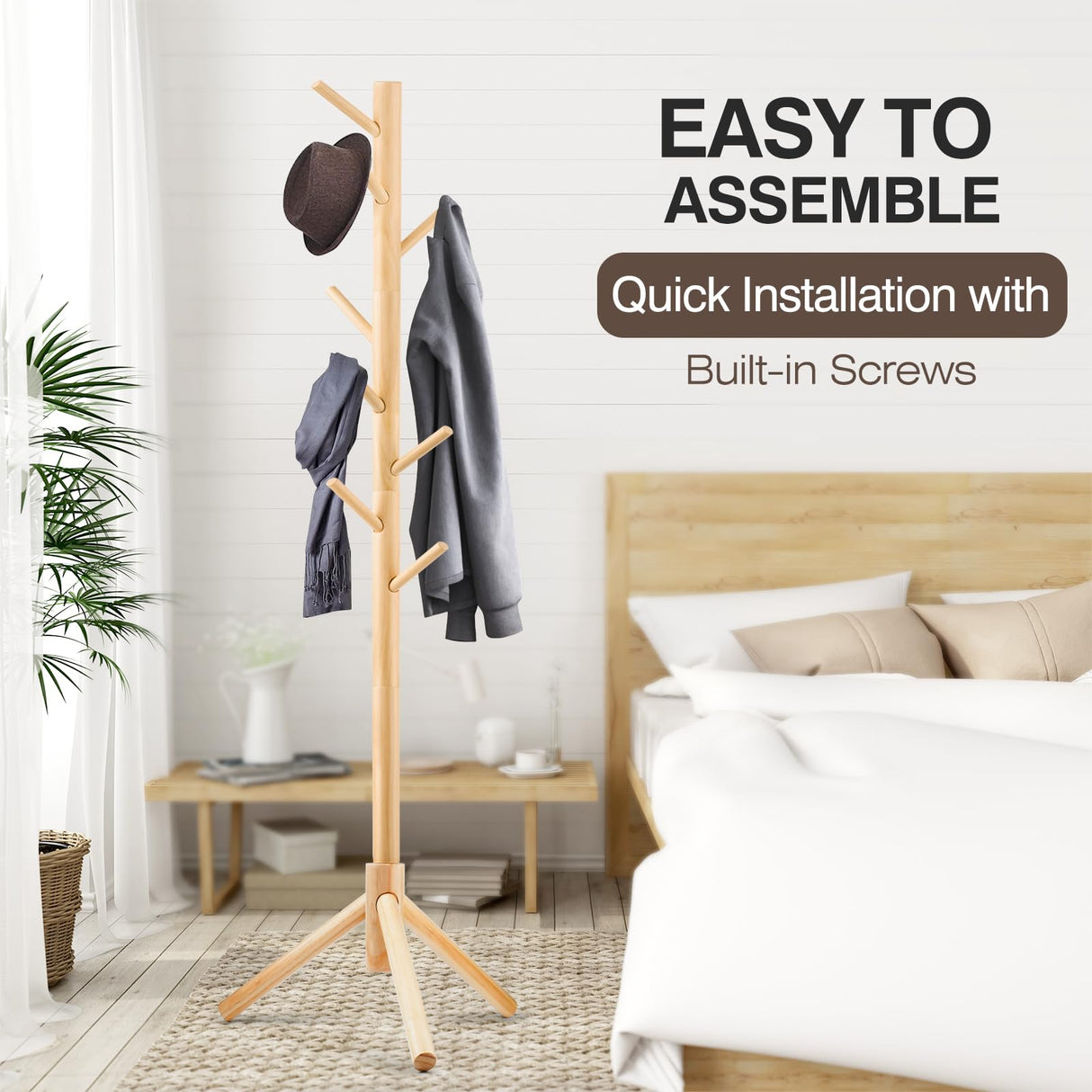 WANGMUXIA Coat Rack, Freestanding Coat Rack with 8 Hooks and 3 Adjustable Size Tree Coat Racks for Bedroom, Hallway, Entrance, Office, for Hats, Coats, Scarves, Handbags WANGMUXIA