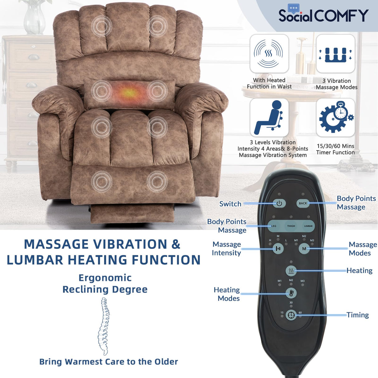 SOCIALCOMFY Large Tall Man Power Lift Recliner Chair with Massage & Heat, Dual Motor Lay Flat Electric Lift Sleeper Recliner w/Extended Footrest, Lumbar Pillow, USB & Type-C Ports, Pocket,Plush Brown SOCIALCOMFY