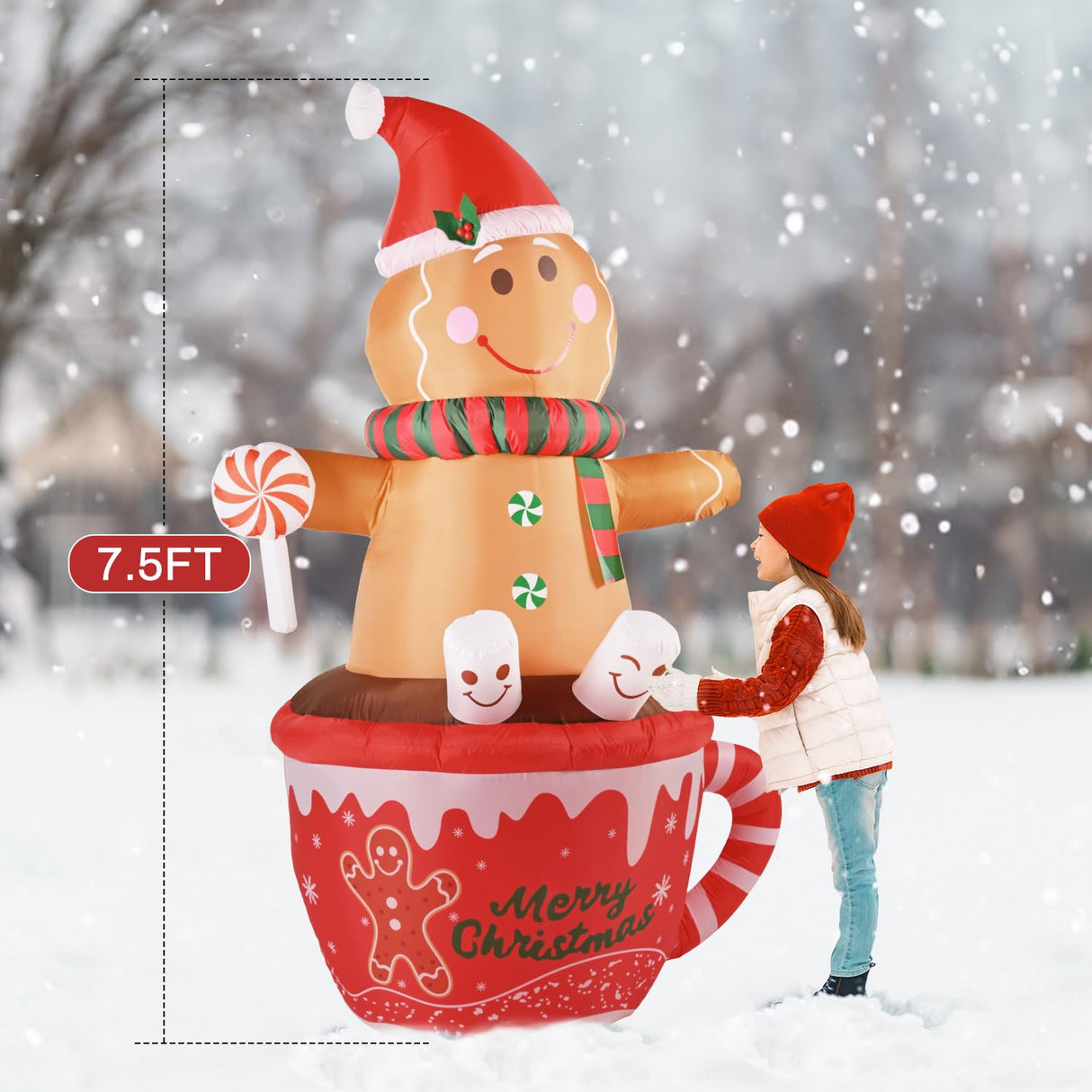 7.5 FT Christmas Inflatable Outdoor Decoration, Gingerbread Man Hot Cocoa Cup Christmas Blow up Yard Decorations with Buit-in LEDs, Gingerbread Inflatable Holiday Indoor Outdoor Party Patio Xmas Gifts Pattiumo