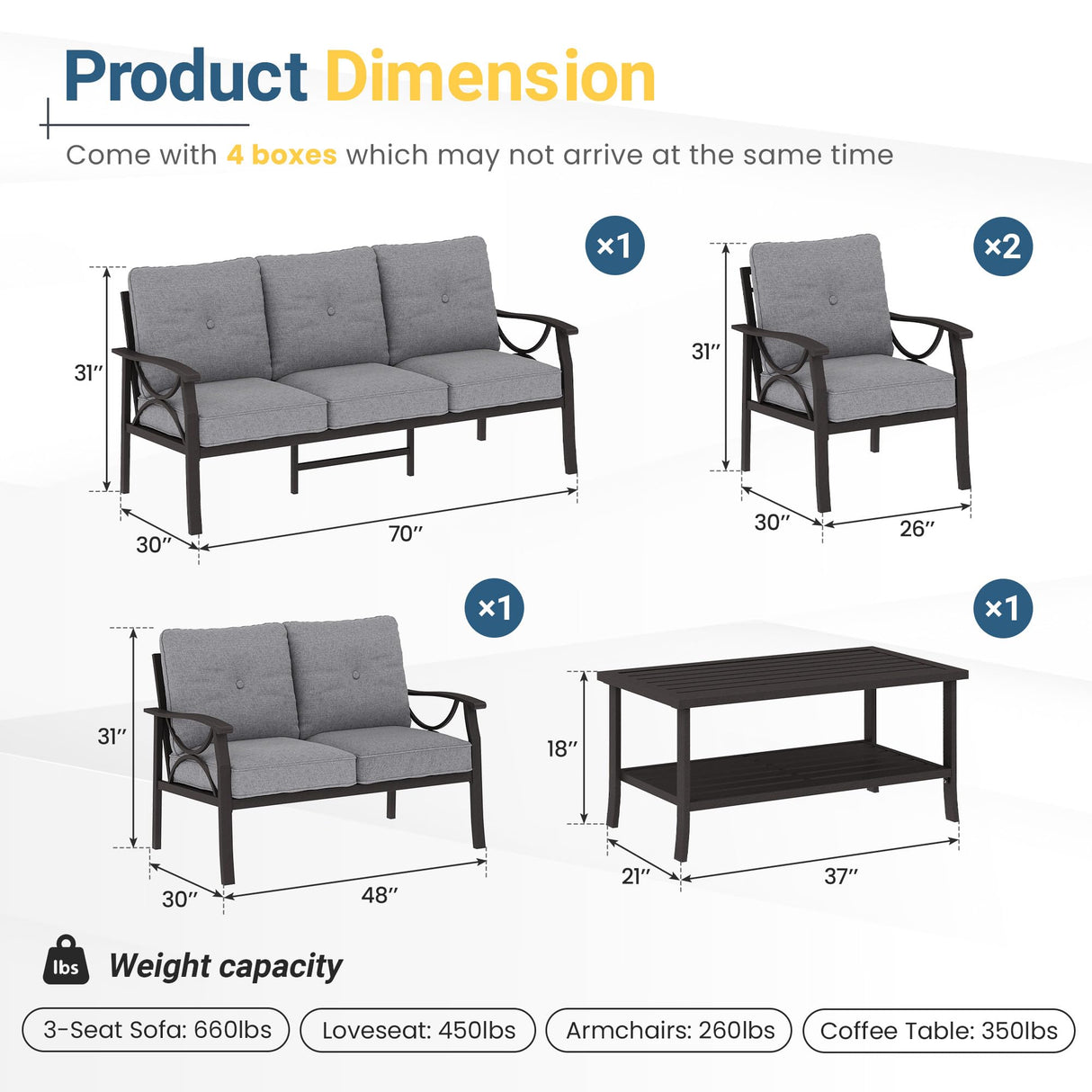 FansaFurn 5-Piece Outdoor Patio Furniture Set, Outdoor Metal Sectional Furniture with Cushions, Outdoor Conversation Seating Set with Coffee Table for Balcony, Garden, Deck, Backyard, Grey FansaFurn