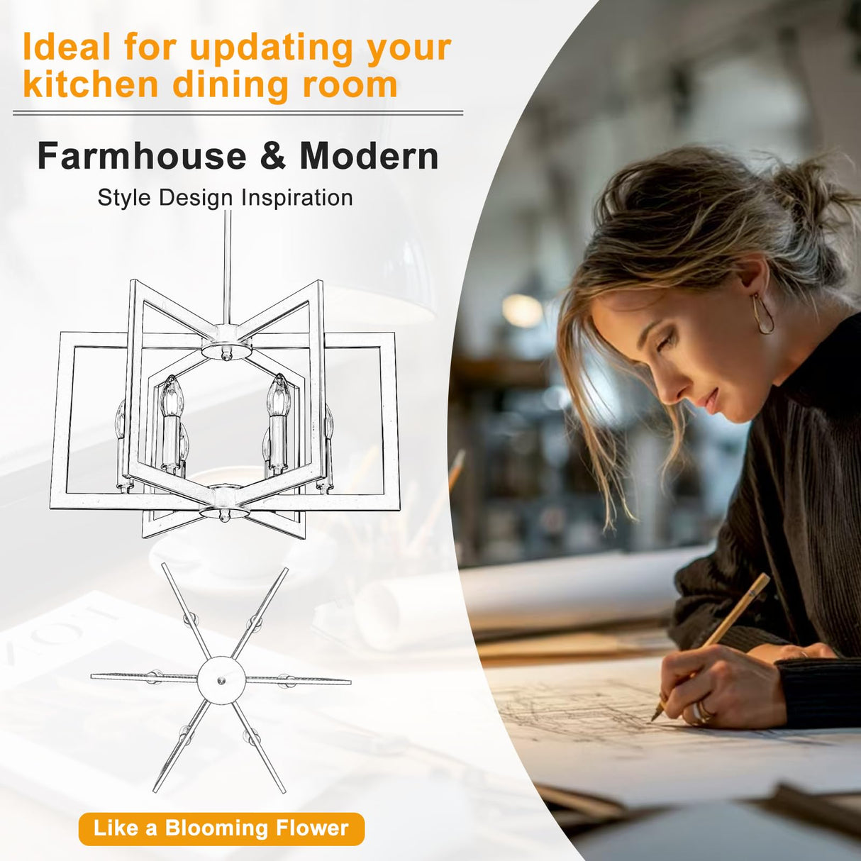 21.6" Black Farmhouse Chandelier,6-Light Geometric Dining Room Fixture,Modern Industrial Foyer Lighting Fixtures,Rustic Farmhouse Hanging Pendant Lights for Kitchen Island,Living Room,Bedroom,Entryway UnicozoHome