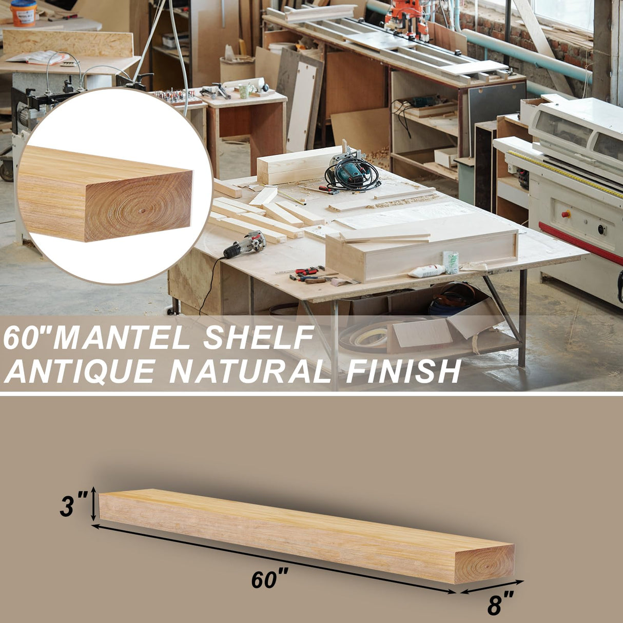 ROOMTEC Fireplace Mantel,60" Wood Floating Fireplace Shelves,Wall Mounted Wooden Display Shelving,Handcrafted Wood Brack,Natural Mantels Over Fireplace | 60" x 8" x 3"-Aged Oak ROOMTEC