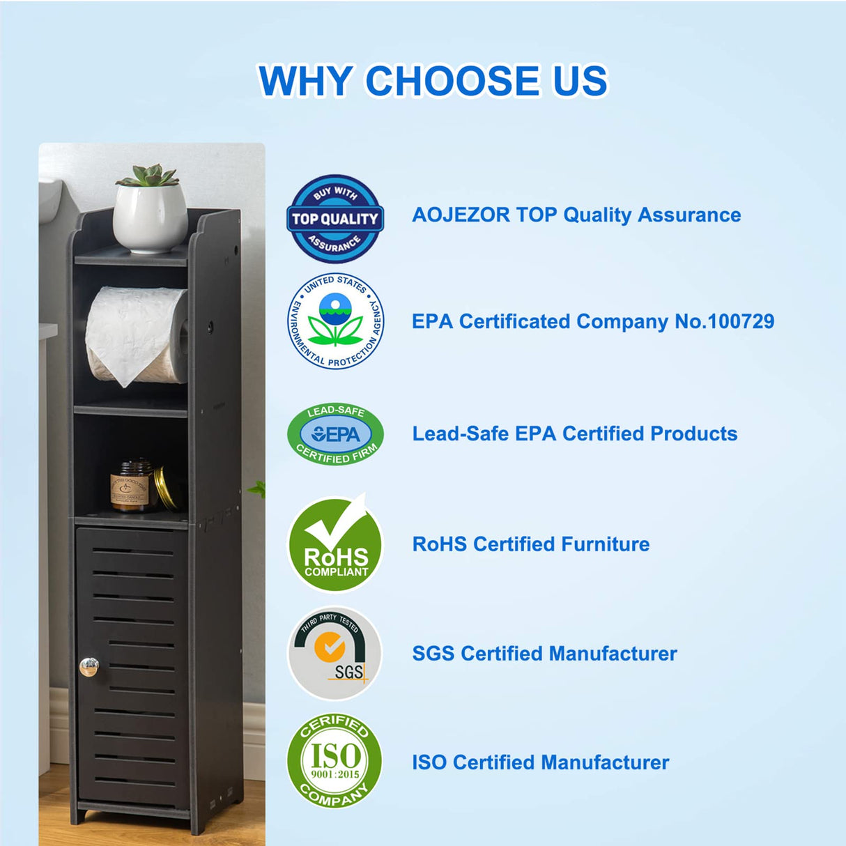 AOJEZOR Toilet Paper Holder Stand: Bathroom Storage Cabinet Beside Toilet Storage for Small Bathroom with Toilet Roll Holder - Toilet Paper Stand - Black AOJEZOR