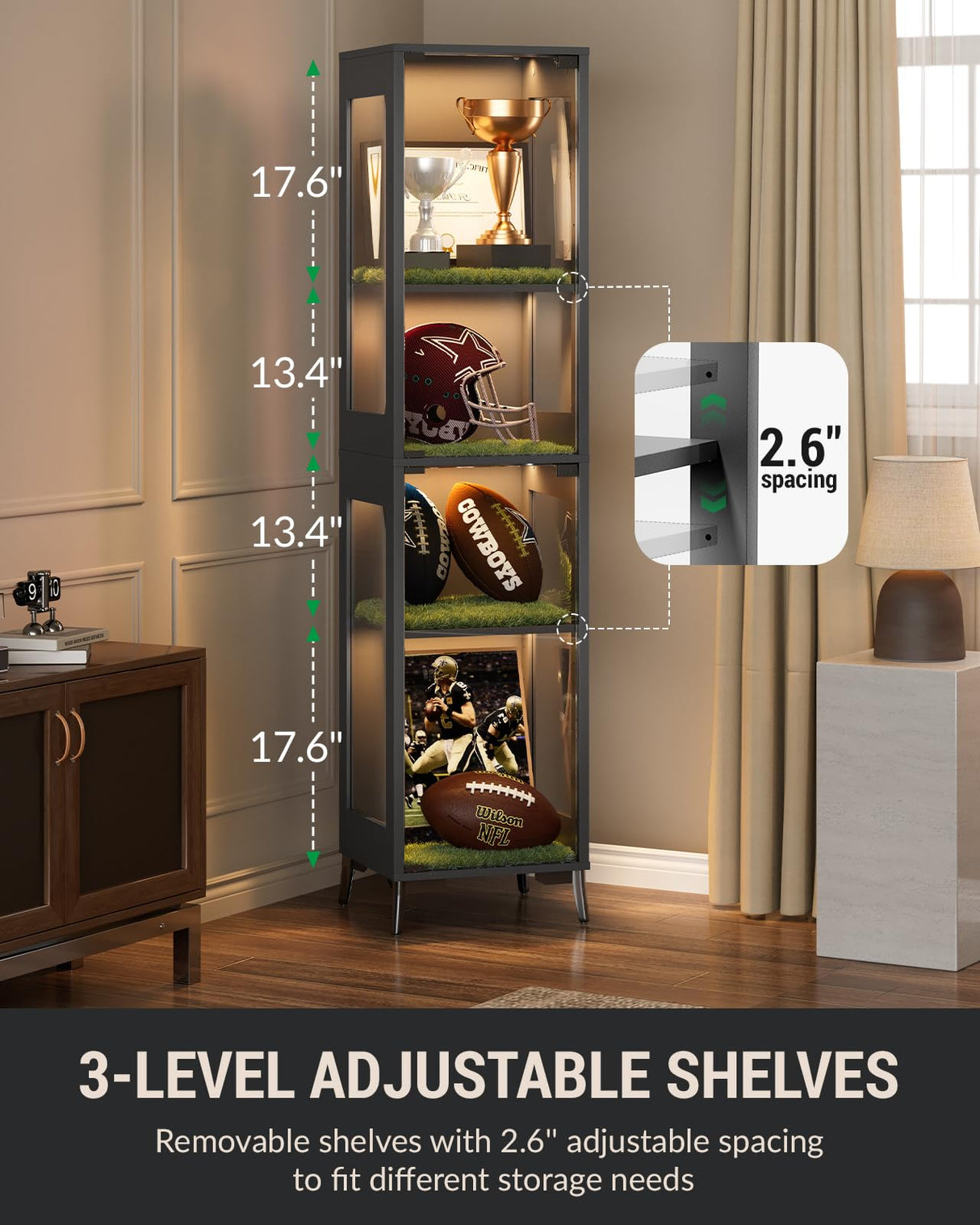 Glass Display Cabinet with Single Door, 4-Tier Display Case with Adjustable Shelves, RGB LED Lights with App & Remote Control, Metal Base Curio Storage Cabinet for Collectibles, Books, Living Room Zephome