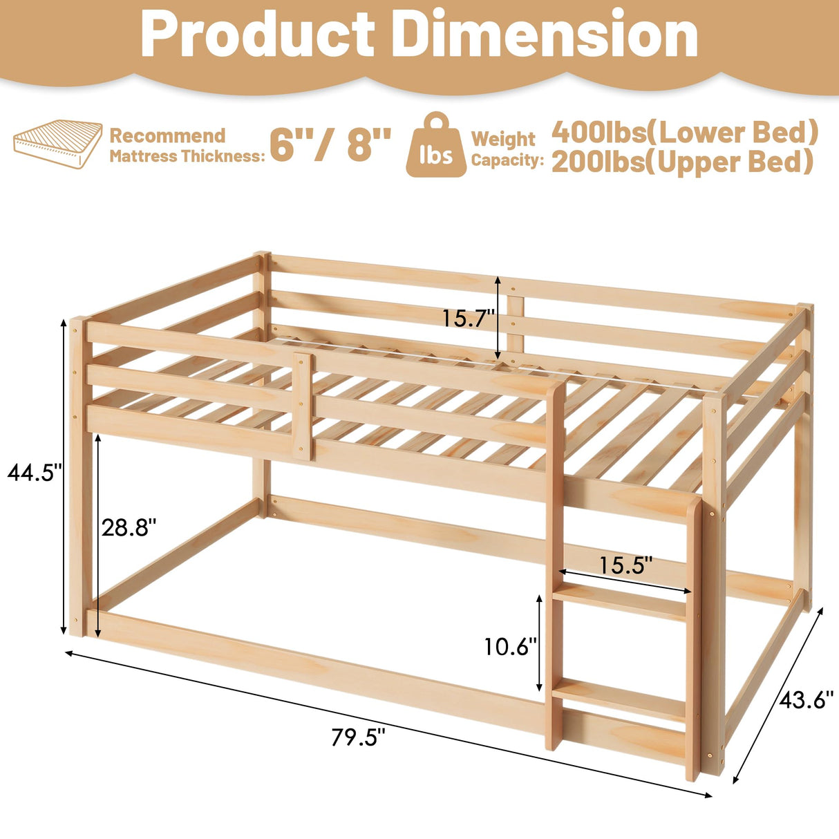 LUKEEHOM Twin Over Twin Low Profile Bunk Bed with Ladder - Ideal for Kids' Rooms LUKEEHOM