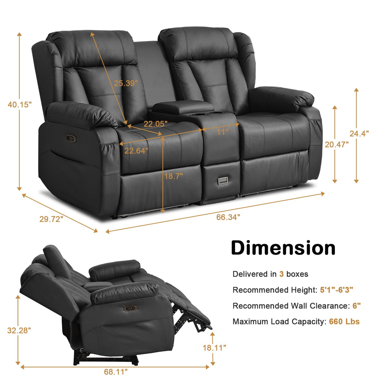 WISHDEER Power Reclining Loveseat Sofa, Loveseat Recliner Couch with Console, RV Recliners for Travel Trailers, Home Theater Seating with Cup Holders/LED/Drawer/USB/USB C (Black) WISHDEER