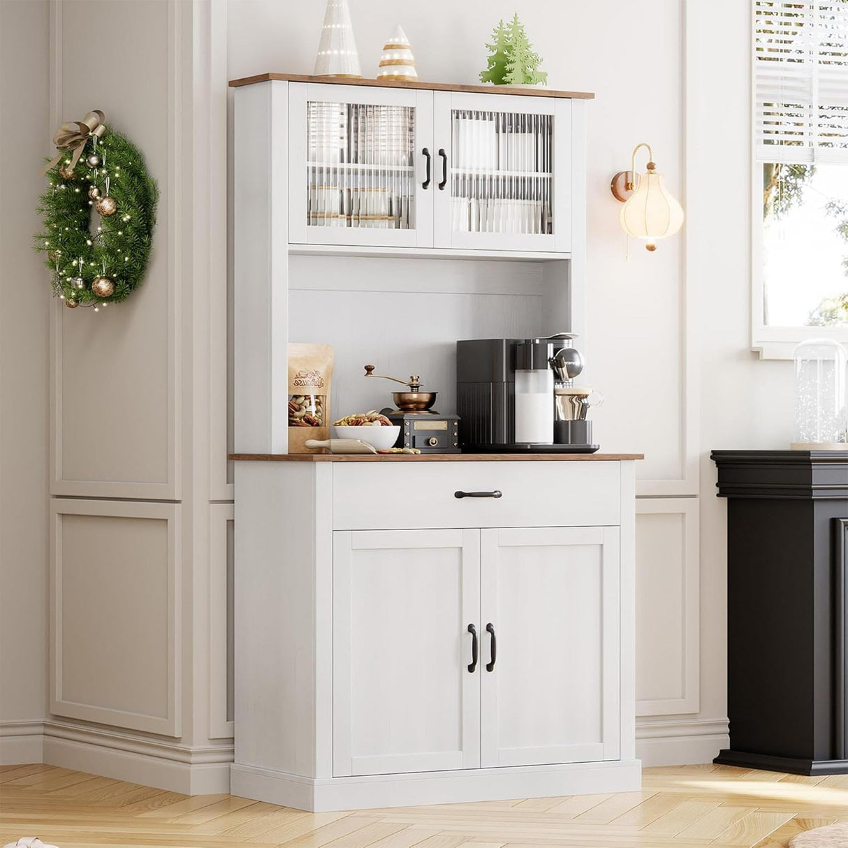 IDEALHOUSE Kitchen Pantry Cabinet with Microwave Stand, 71”Freestanding Tall Kitchen Cabinet with Doors and Shelves for Dining Room, White IDEALHOUSE