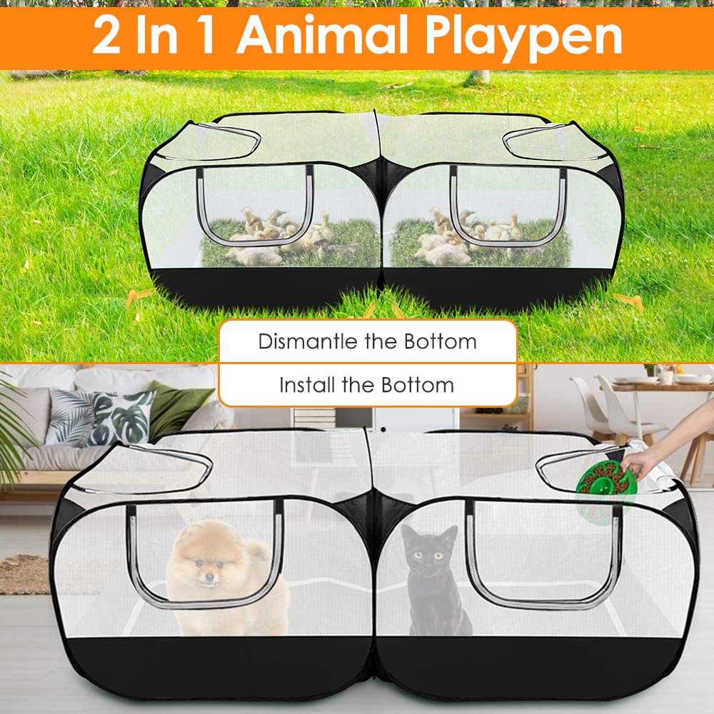 SlowTon Small Animals Playpen, Portable Large Chicken Run Coop with Detachable Bottom Breathable Transparent Mesh Walls, Foldable Pet Enclosure for Puppy Kitten Rabbits Indoor Outdoor SlowTon