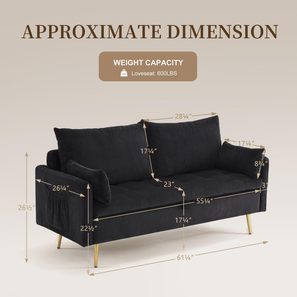 Furnimart 2-Seater Storage Loveseat for Small Spaces, 62“ Corduroy Couch with Removable Cushion Cover and Metal Leg for Bedroom, Apartment, Tiny Homes and Lofts, Black Furnimart