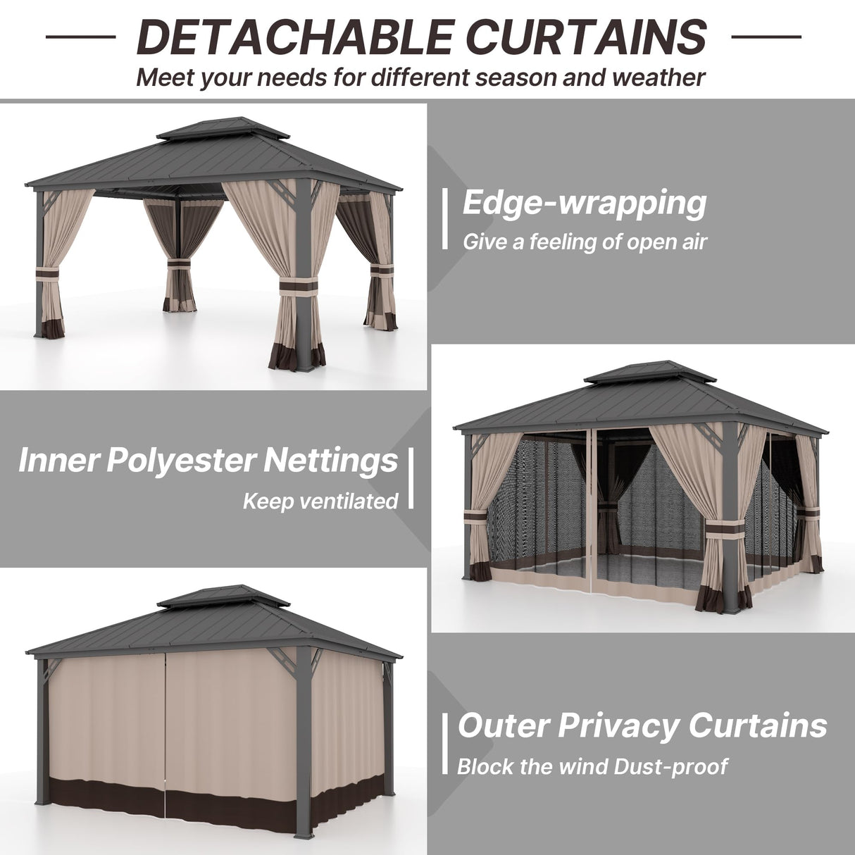Gotland 2024 New 12' x 16' Hardtop Gazebo, Outdoor Iron Metal Double Roof Pergola with Curtains and Netting for Patio, Garden, Lawn, Khaki Gotland