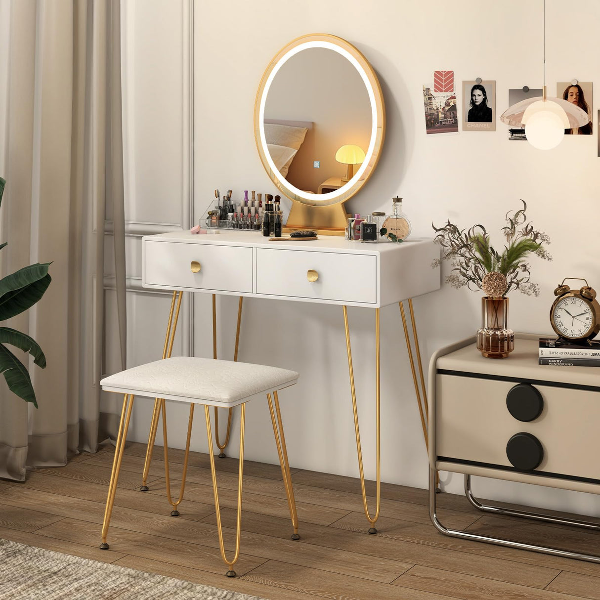 CHARMAID Makeup Vanity Table with Lighted Mirror, Vanity Desk with 2 Large Drawers, Adjustable 3 Lighting Modes, Modern Girls Bedroom Vanity Table with Chair for Small Spaces, White & Gold CHARMAID