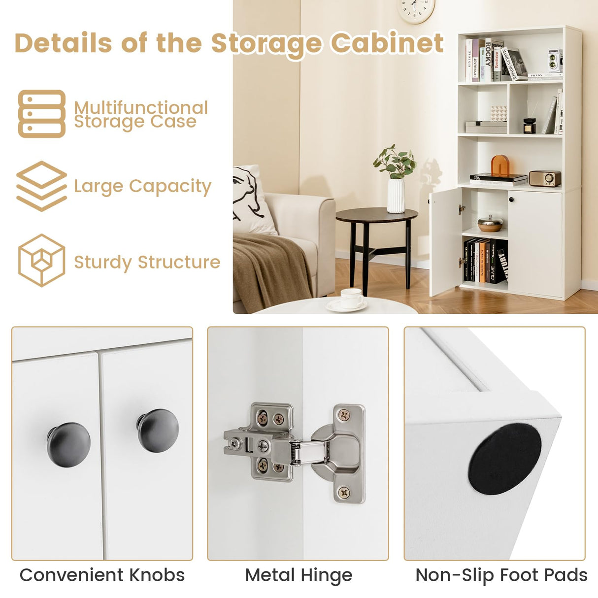 Tangkula 5 Tier Bookcase with 2-Door Cabinet, Tall Freestanding Bookshelf with 4 Open Shelves & 1 Cabinet, Adjustable Shelf, Modern Display Storage Cabinet for Living Room Study (White, 61" H) Tangkula