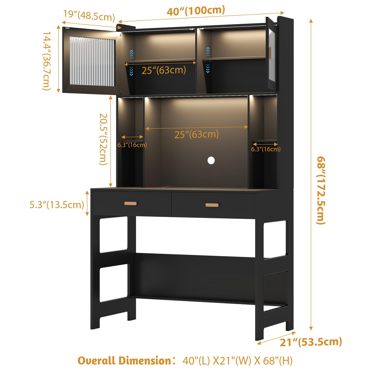 LVSOMT Home Office Desk with Hutch, Modern Computer Gaming Desk with LED Lights & Power Outlets, Black Study Table with Storage Shelves, Teen Writing Desk for Bedroom, 40'' W LVSOMT