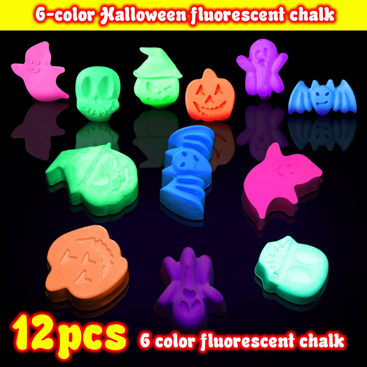Fullhawl 12 Pcs 6 Color Halloween Chalk Ghost Glow in the Dark UV Neon Sidewalk Chalk Black Light Party Supplies for Halloween Party Gifts Painting Drawing on Chalkboard Playground Fullhawl