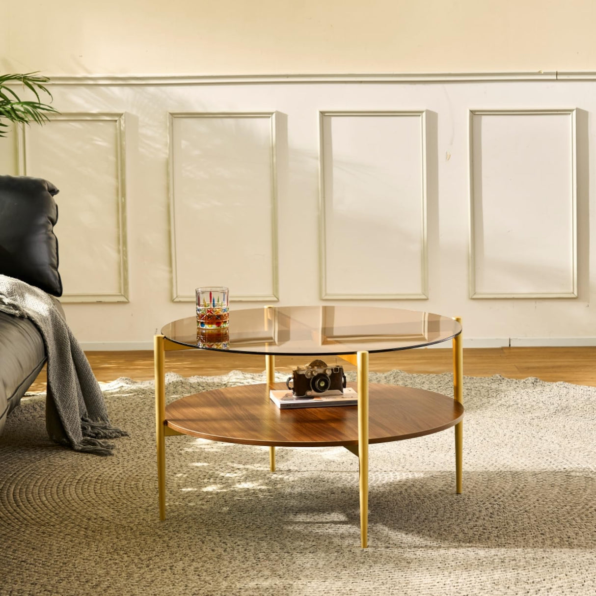 Saint Mossi Glass Round Coffee Table for Living Room, Middle-Century Modern Style, Coffee Brown Glass Top & Walnut Brown MDF Wood Top, with Gold Finish Legs & Frame SM Saint Mossi