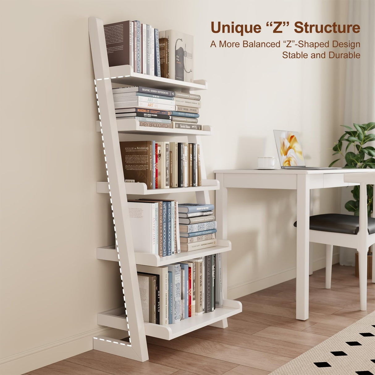AQIMUELE White Wooden Ladder Shelf with Edges, 5-Tier Modern Leaning Bookshelf Ladder – Stylish Space-Saving Bookcase for Living Room, Bedroom & Home Office AQIMUELE