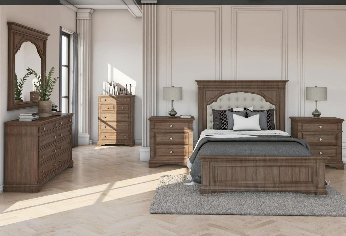 Steve Silver Company Highland Park 83.5" x 90" Farmhouse Wood & Fabric Upholstered Panel King Bed with Button Tufted Headboard, Low Vertical Planked Inset Panel Footboard, in Driftwood Gray Finish Steve Silver