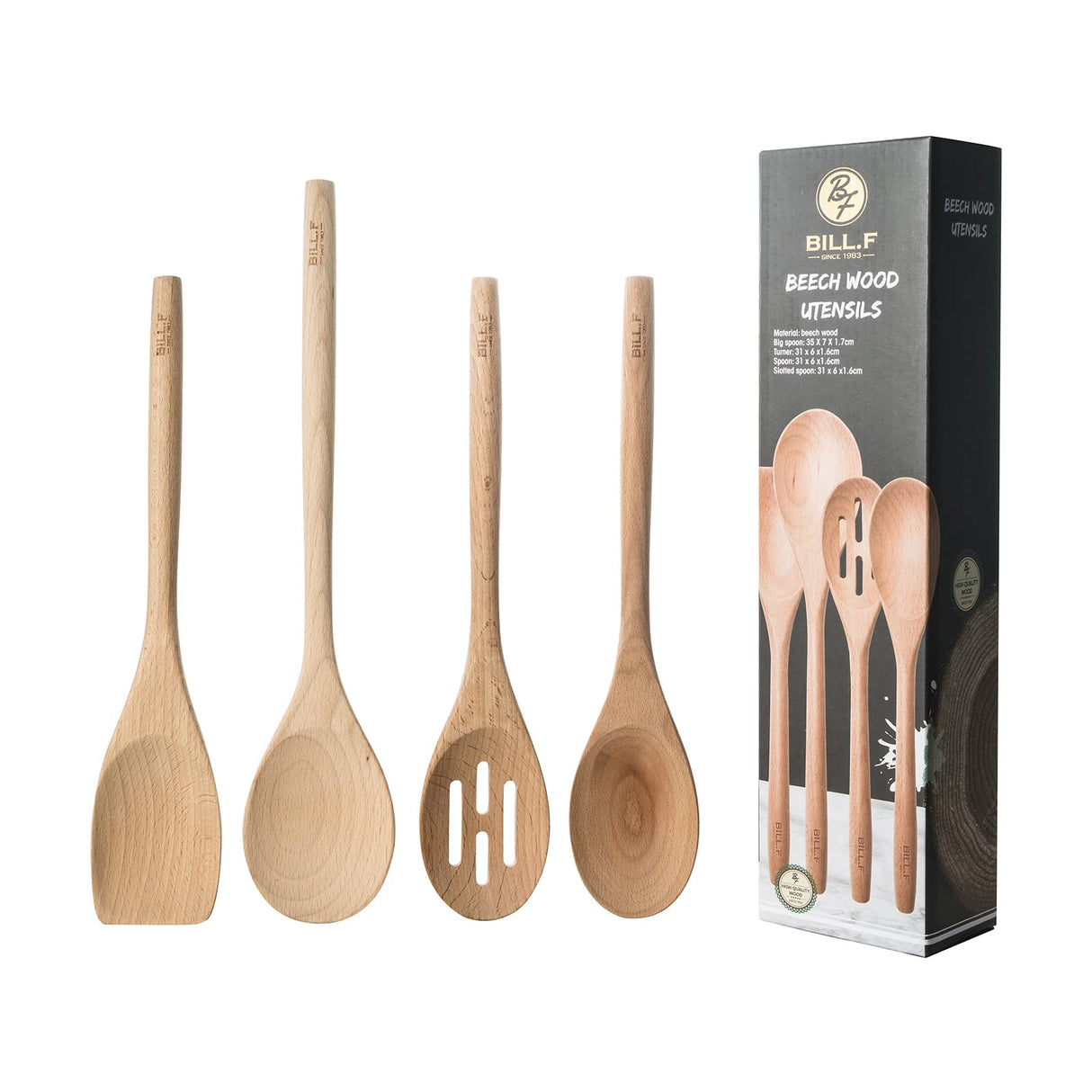 Wooden Spoons for Cooking Wooden Kitchen Utensil Set of 4 Beech Wood Non Scratch BILL.F Wooden Cooking Utensils Spatula Set Including Spoon, Turner,and Slotted Spoon with Long Handle BF BILL.F SINCE 1983