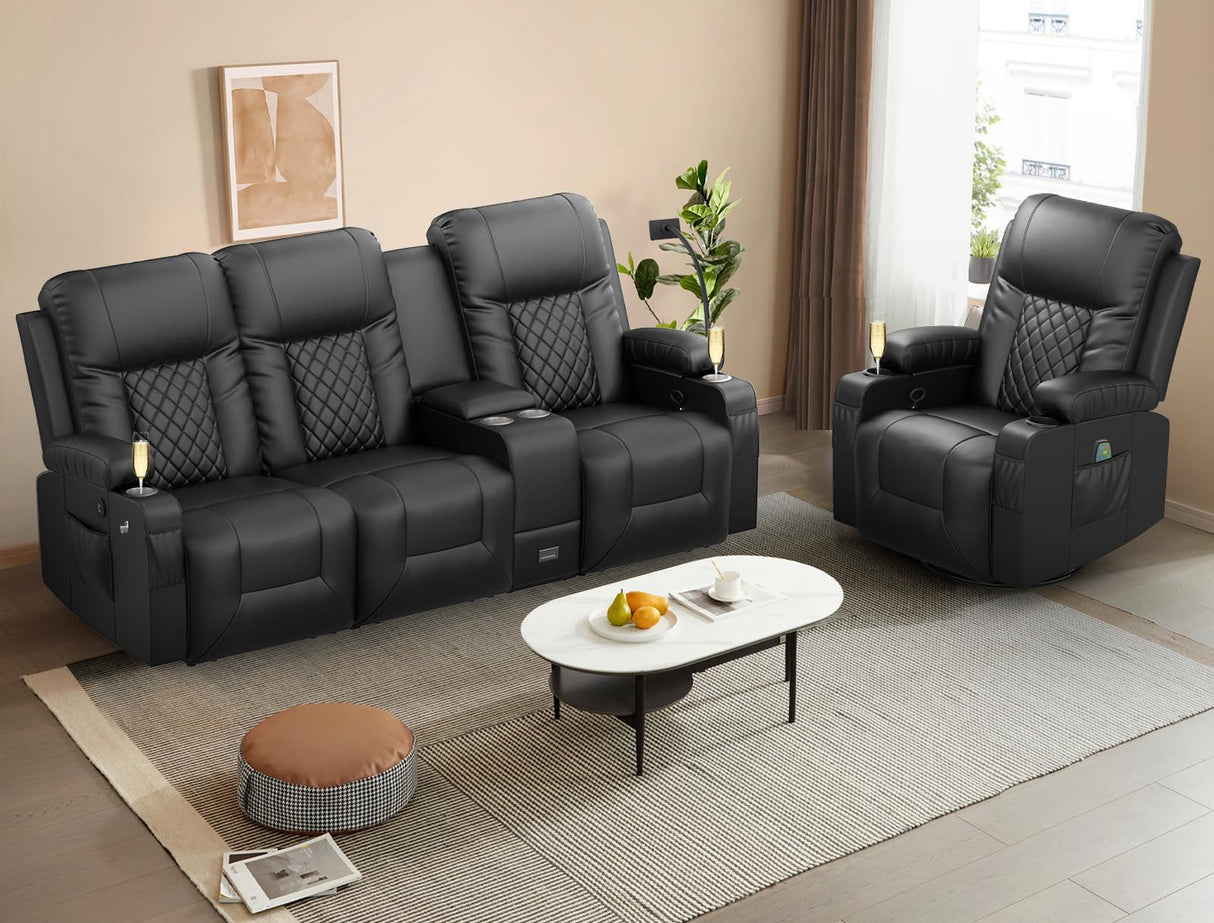 YONISEE Modern Recliner Sofa Set - 3 Seat Sofa & 1PC Swivel Recliner Chairs with Heat & Massage for Living Room (3+1) YONISEE