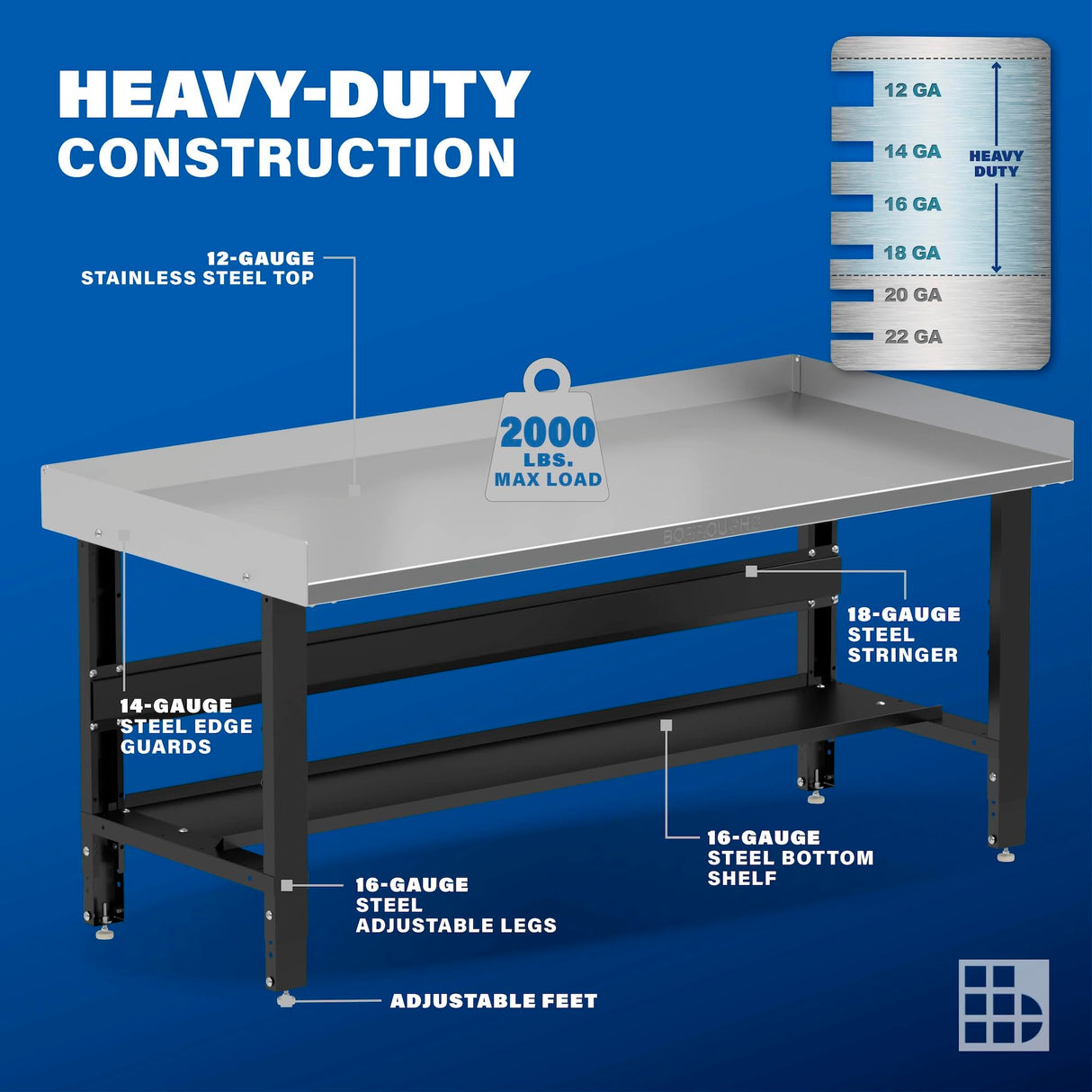 Borroughs 72" Adjustable Workbench, Stainless Steel Top Heavy-Duty Workstation with Bottom Shelf & Edge Guards, 2000 LB Capacity Worktable for Workshop, Garage, School, Home, 72" W x 28" D Borroughs