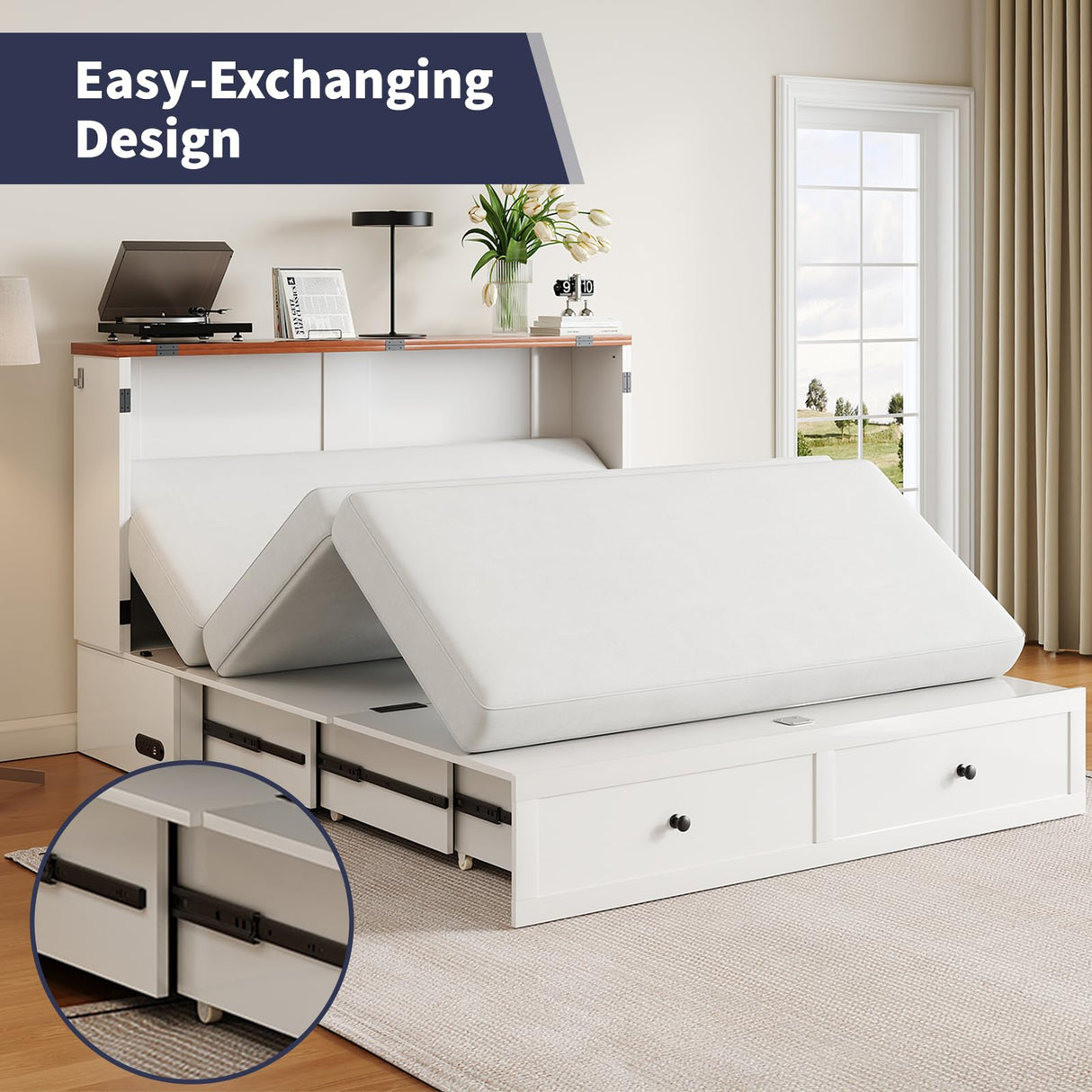 ijuicy Queen Murphy Bed with Storage & Multifunctional Charging Station, Modern Murphy Cabinet Bed with Foldable Panel, Space-Saving Beds for Guest Bedroom,Living Room(White & Brown,with Mattress) ijuicy