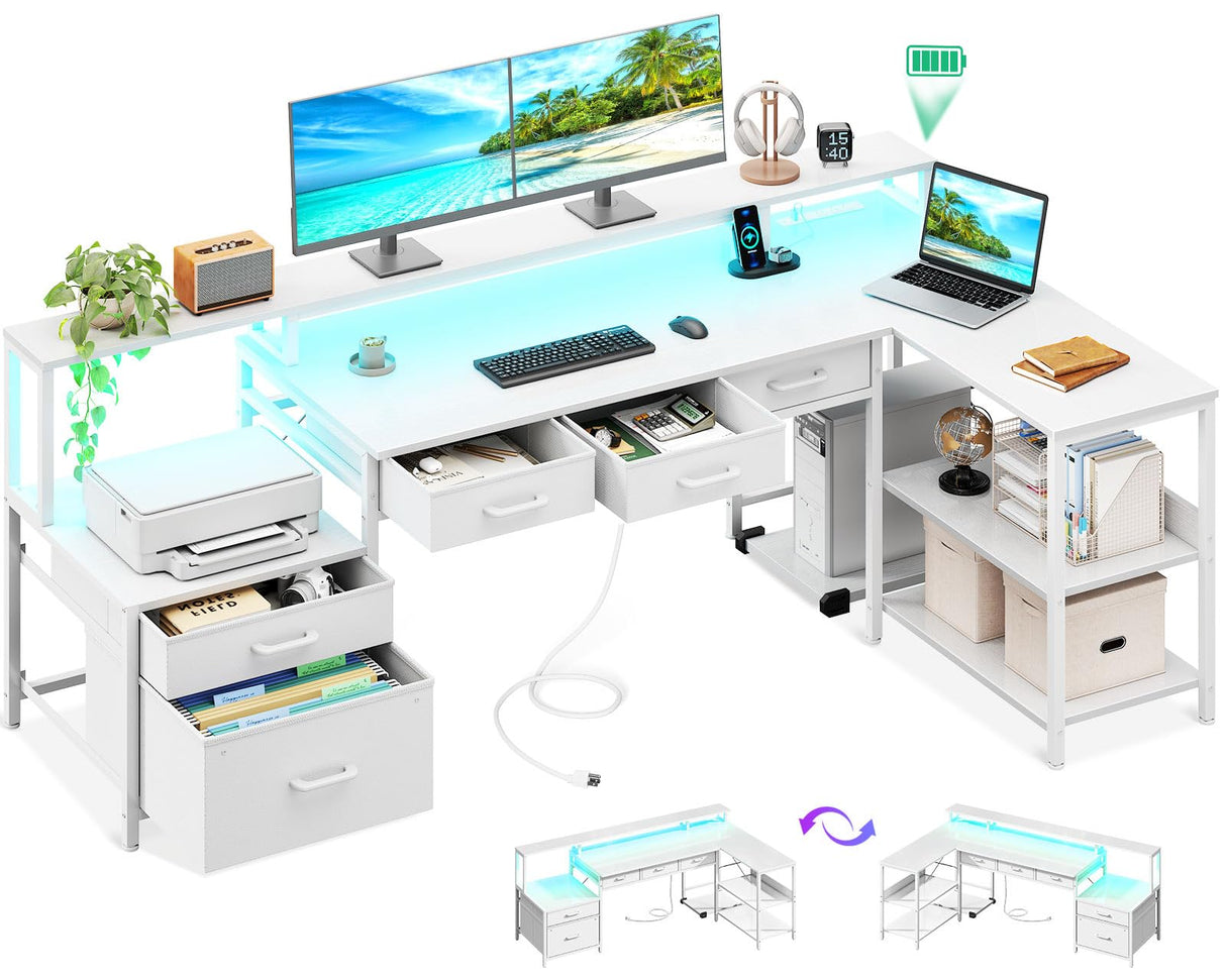 AODK L Shaped Desk with 5 File Drawers, 66" Reversible L Shaped Computer Desk with Power Outlet & LED Strip, Office Desk with Storage Shelves, Gaming Desk with Monitor Shelf, Corner Desk, White AODK
