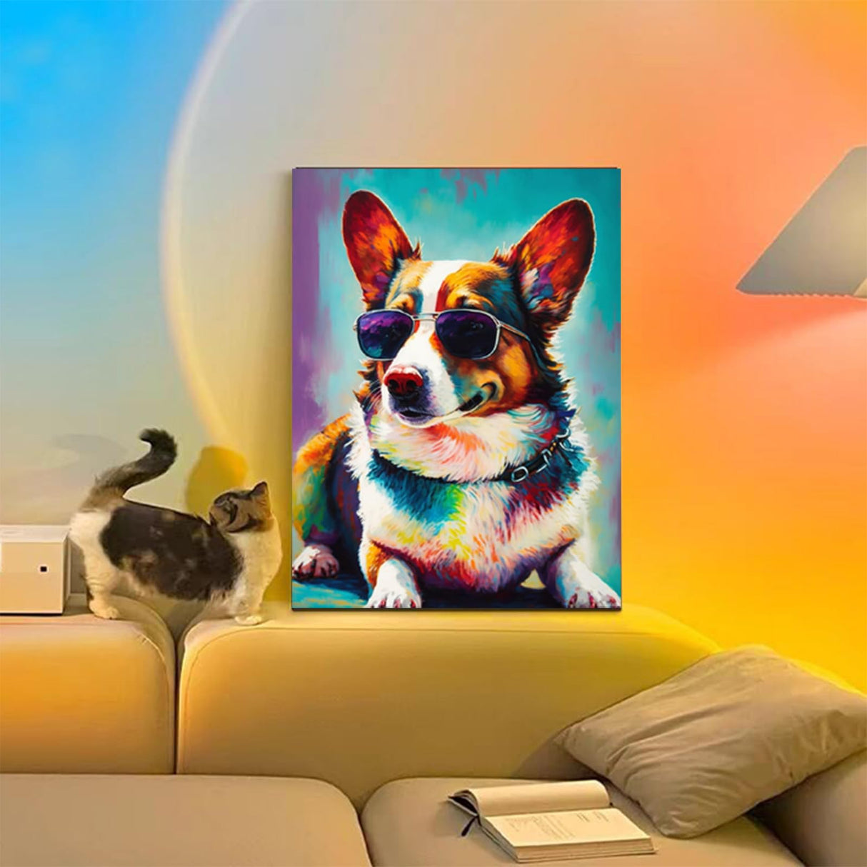 HMDIIMGE Diamond Painting Kits for Adults, 5D Full Round Diamond Dog with Sunglass Diamond Art Kit, Cardigan Welsh Corgi Dots Diamond Painting for Beginners, DIY Beads for Home Wall Decor 12x16 inch HMDIIMGE