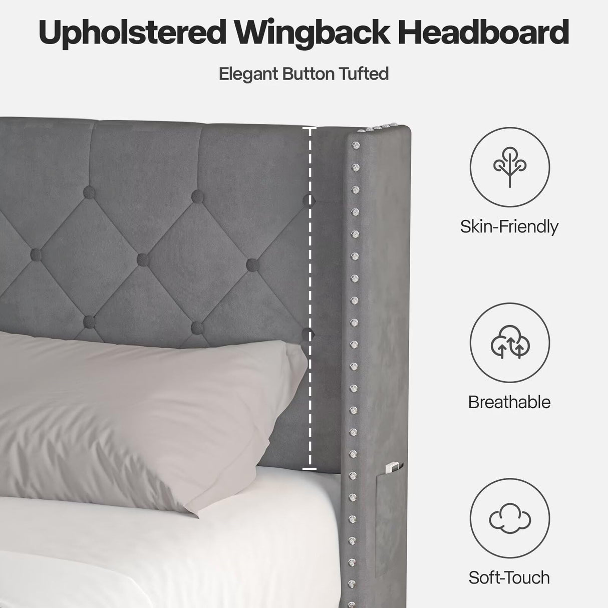 Lihimte Queen Size Bed Frame with Led Lights, Upholstered Velvet Platform Bed Frames with Button Tufted Wingback Headboard and Footboard, Wooden Slats Support, No Box Spring Needed, Dark Grey Lihimte