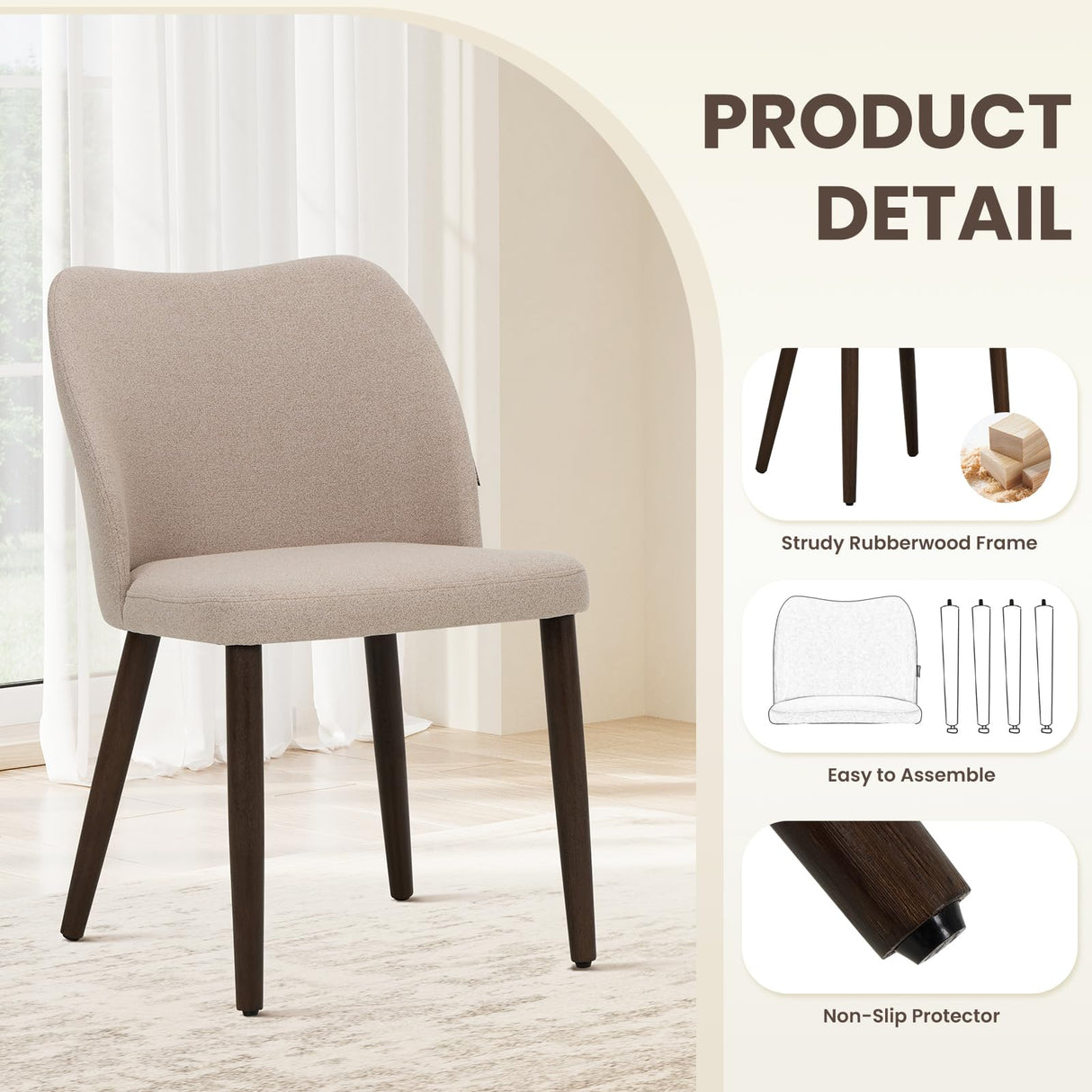 Homixis Wooden Dining Chairs Set of 4, Upholstered Kitchen Dining Room Chair, Modern Fabric Farmhouse Dinner Chair for Restaurant & Cafe, Camel Homixis