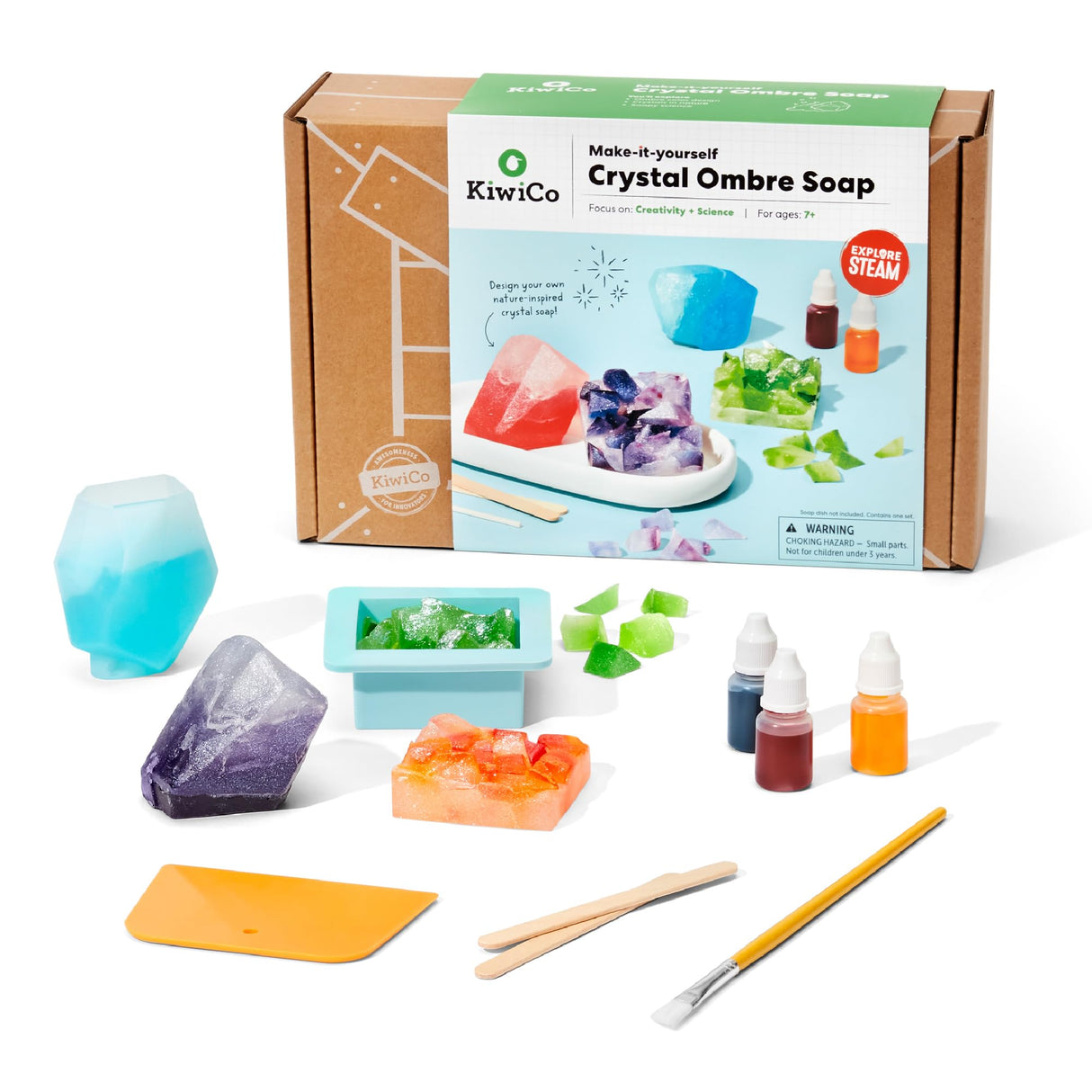 KiwiCo Crystal Geode Soapmaking Kit | Complete Set Includes Beaker, Clear Soap, Molds, Mixing Sticks, Mica Powder, Liquid Colors & More | DIY Soap Making Kit for Kids Ages 7+ KiwiCo